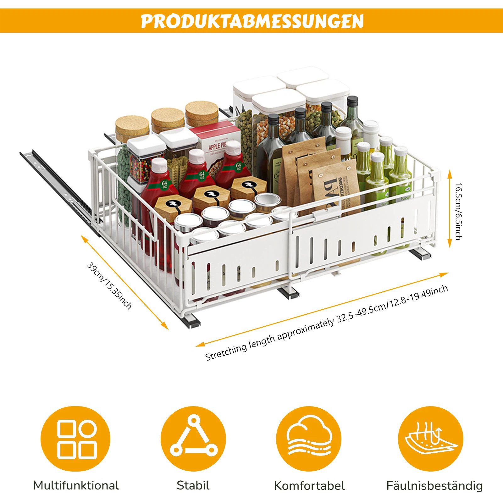 BlingBin Küchenorganizer-Set Teleskopschublade, Ausziehbare Schublade Küche Organizer Schrank, (2 Stück Erweiterbar Küchenschublade mit Kleber, 2-tlg., Produktabmessungen: 32.5-49.5L x 39B x 16.5H cm), Schubladen-Aufbewahrungsregale für Küche, Ohne Bohren, Weiß