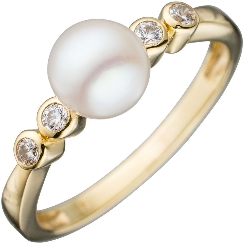 Schmuck Krone Goldring Ring mit weißer Perle & Zirkonia 333 Gelbgold, Gold 333