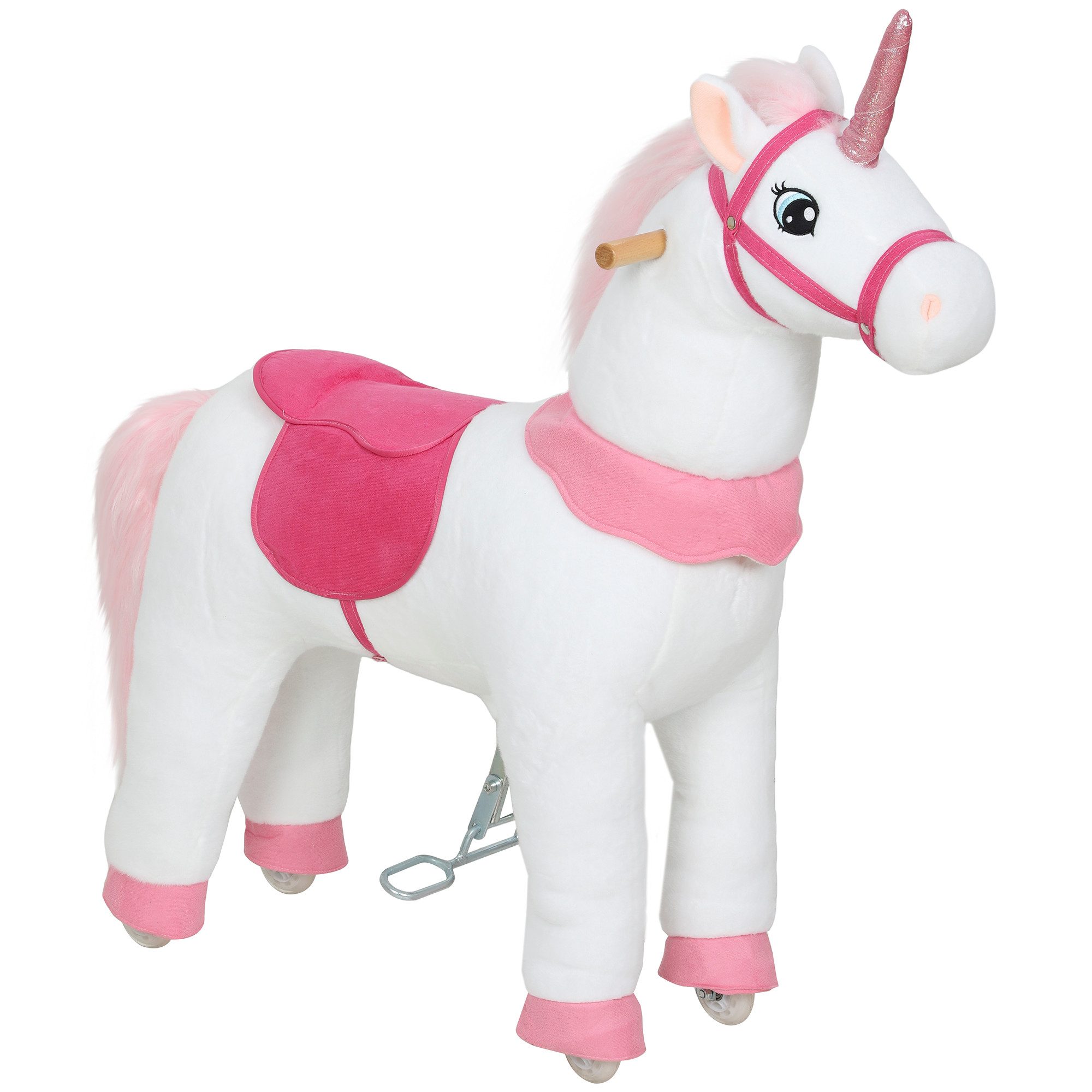 AIYAPLAY Stehtier Reitpferd auf Rollen Spielpferd zum Reiten Stehpferd, für Kinder 4-7 Jahre, Weiß+Rosa