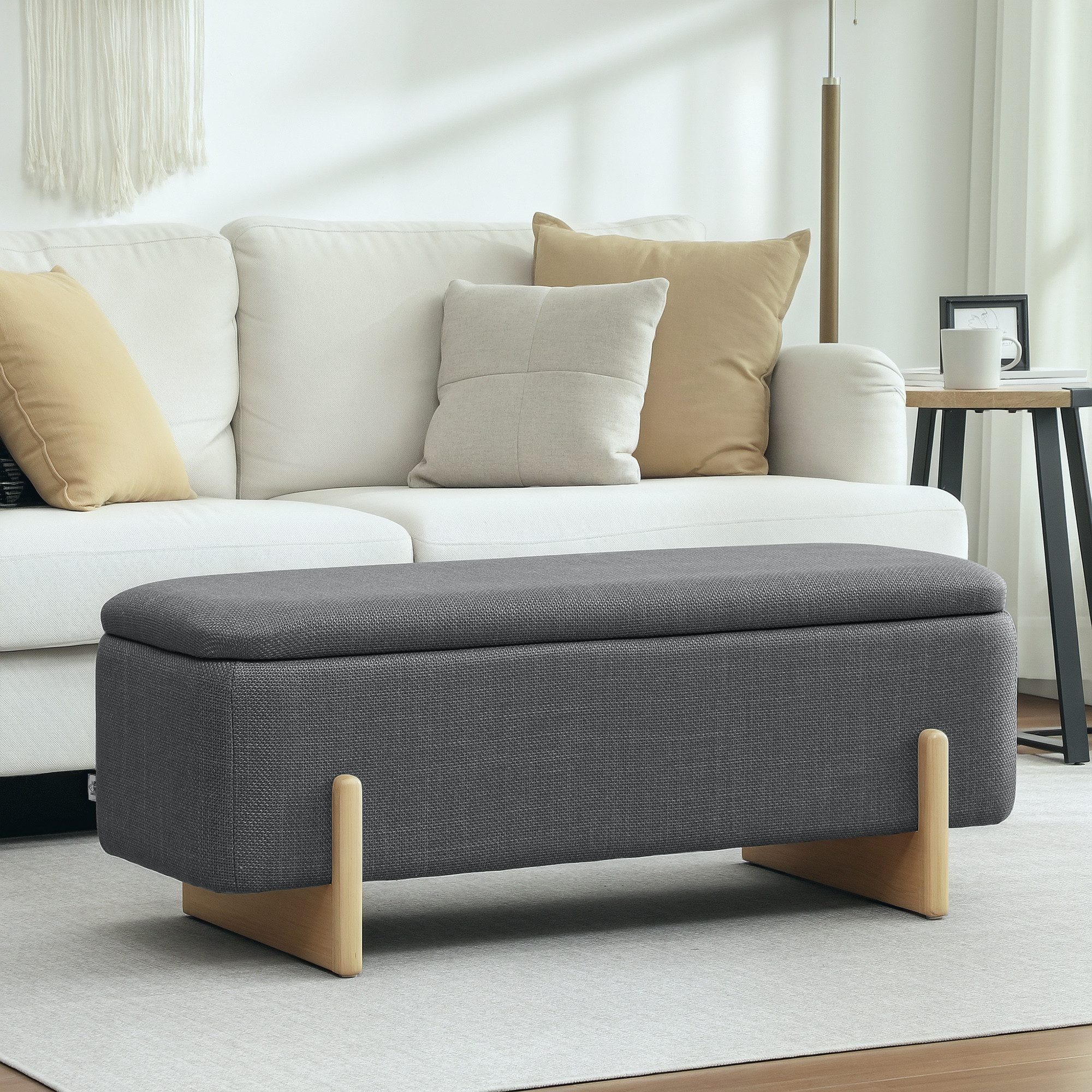 HOMCOM Sitzbank Polsterbank mit Leinenoptik, Sitztruhe Sicherheitsscharniere (Bettbank, 1-St., Polsterbank mit Stauraum), für Wohnzimmer, Schlafzimmer, Flur, 111 x 44 x 44,5 cm, Dunkelgrau