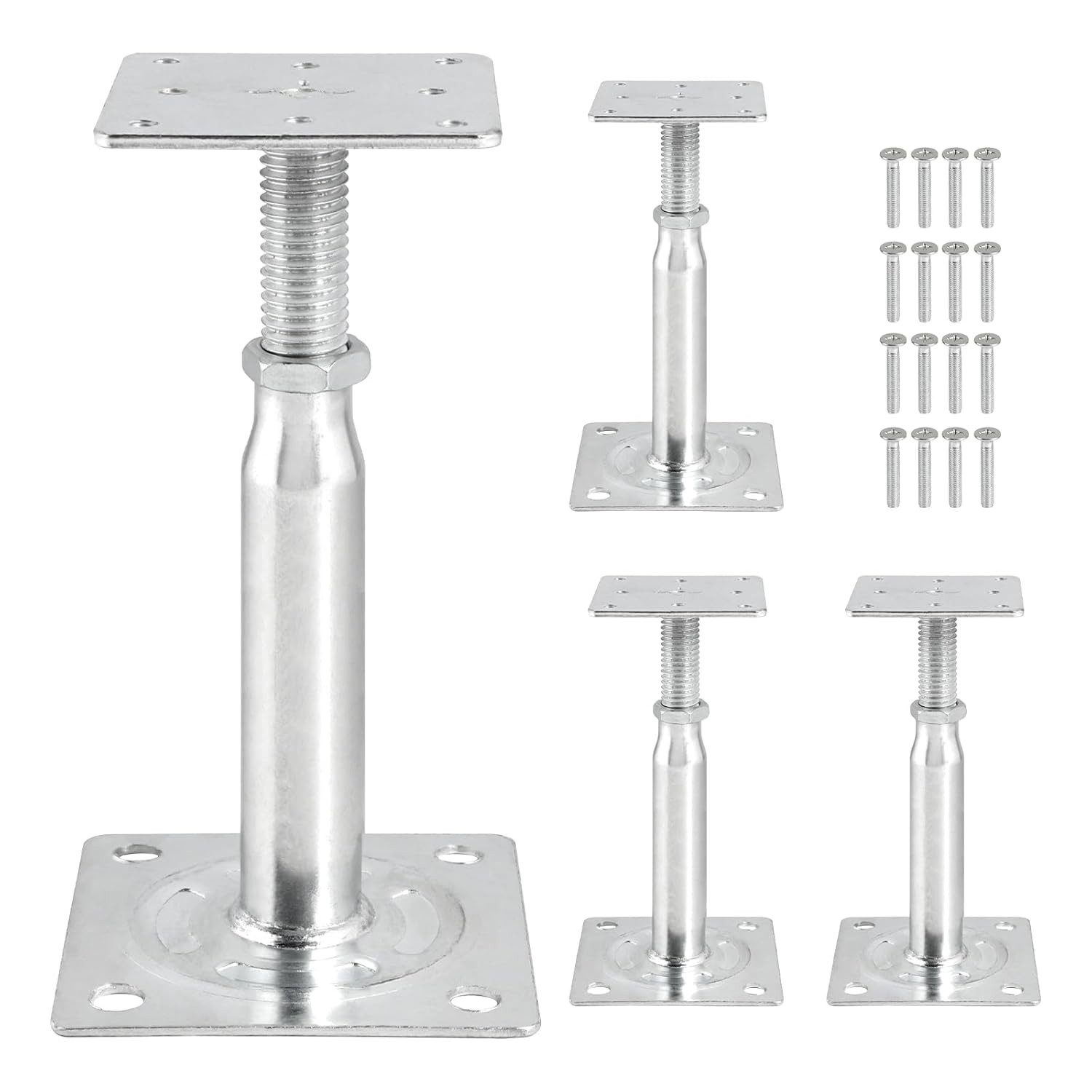 PRIISF Stützelement Pfostenträger höhenverstellbar 100-190mm Pfostenanker Gewinde Stützfuß, für 75x75mm / 95x95mm Ankerplatte Aufschraubhülse Anker Gewindestange, 4 Stück Pfostenschuh verzinkt verstellbar stützen Bodenfuß Stützenfuss