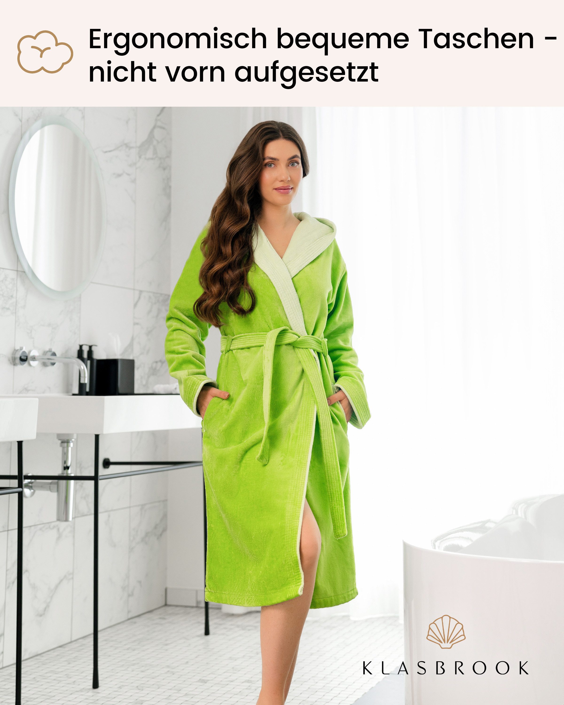 KLASBROOK Damenbademantel Lina, Kapuze, mit Kapuze aus 100% Baumwolle, Tasche mit Reißverschluss, flauschig – Bild 4 von 5