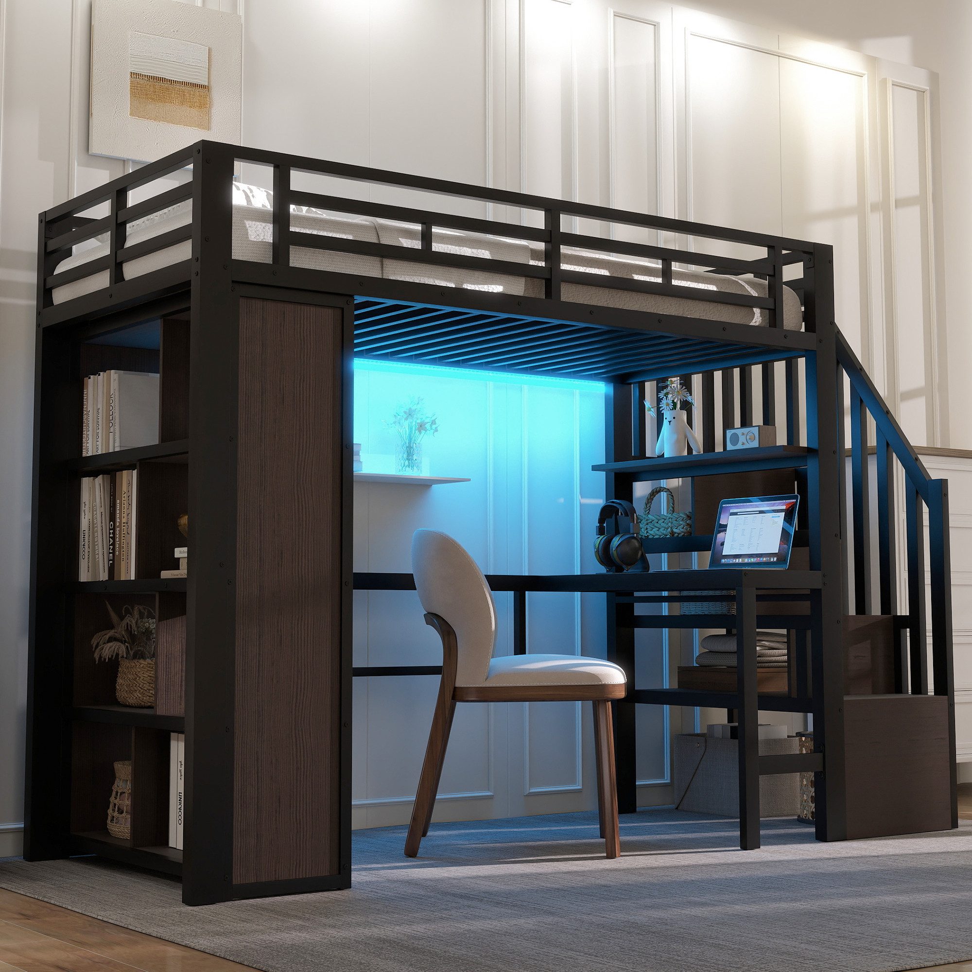 STILVORA Hochbett 90x200 mit schreibtisch Jugendbett mit Stauraum Metallbett LED-Licht (mit integriertem Schreibtisch, Ablagefach, LED-Lichtleiste und Treppenstauraum, 90x200 cm) ohne Matratze