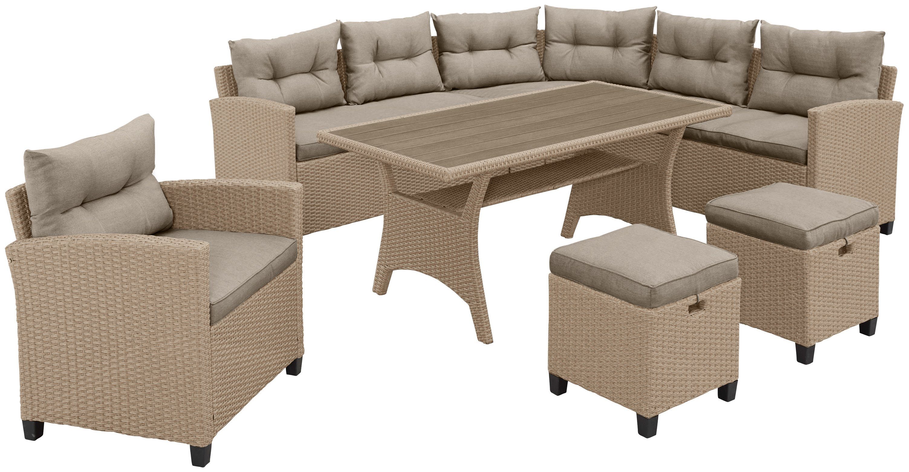 Polyrattan Tisch, Hocker, Premium, 2 KONIFERA Sessel, beige Gartenlounge-Set (20-tlg), Ecklounge, grau Keros |