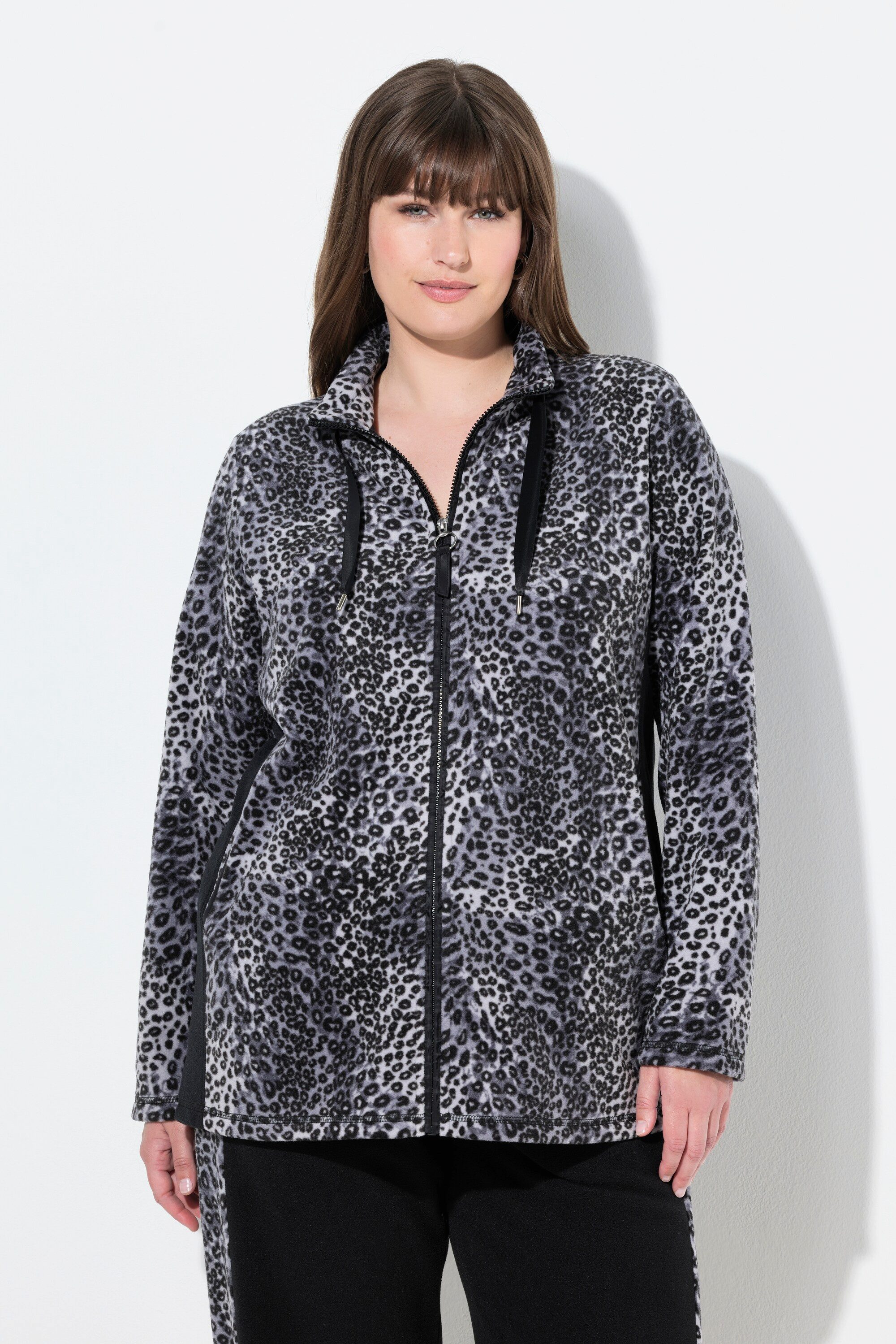 Ulla Popken Sweatjacke Loungewear-Fleecejacke Leomuster Stehkragen günstig online kaufen