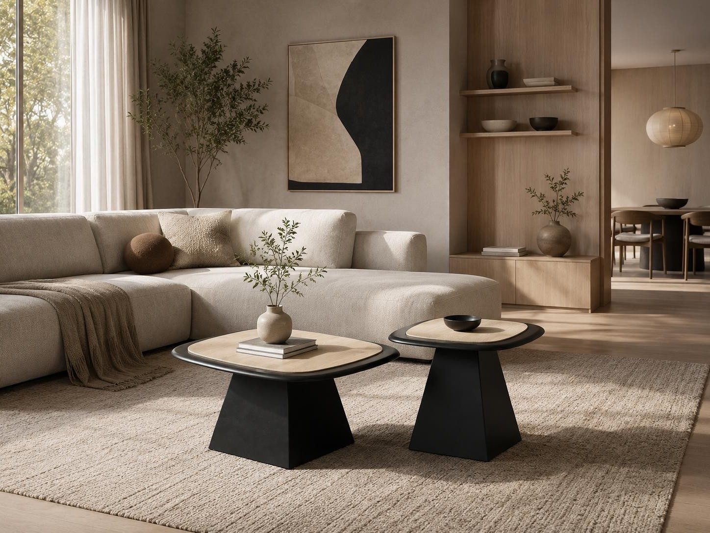 Xlmoebel Satztisch Minimalistischer schwarzer Pyramiden-Couchtisch aus Holzwerkstoff, Made in Europa