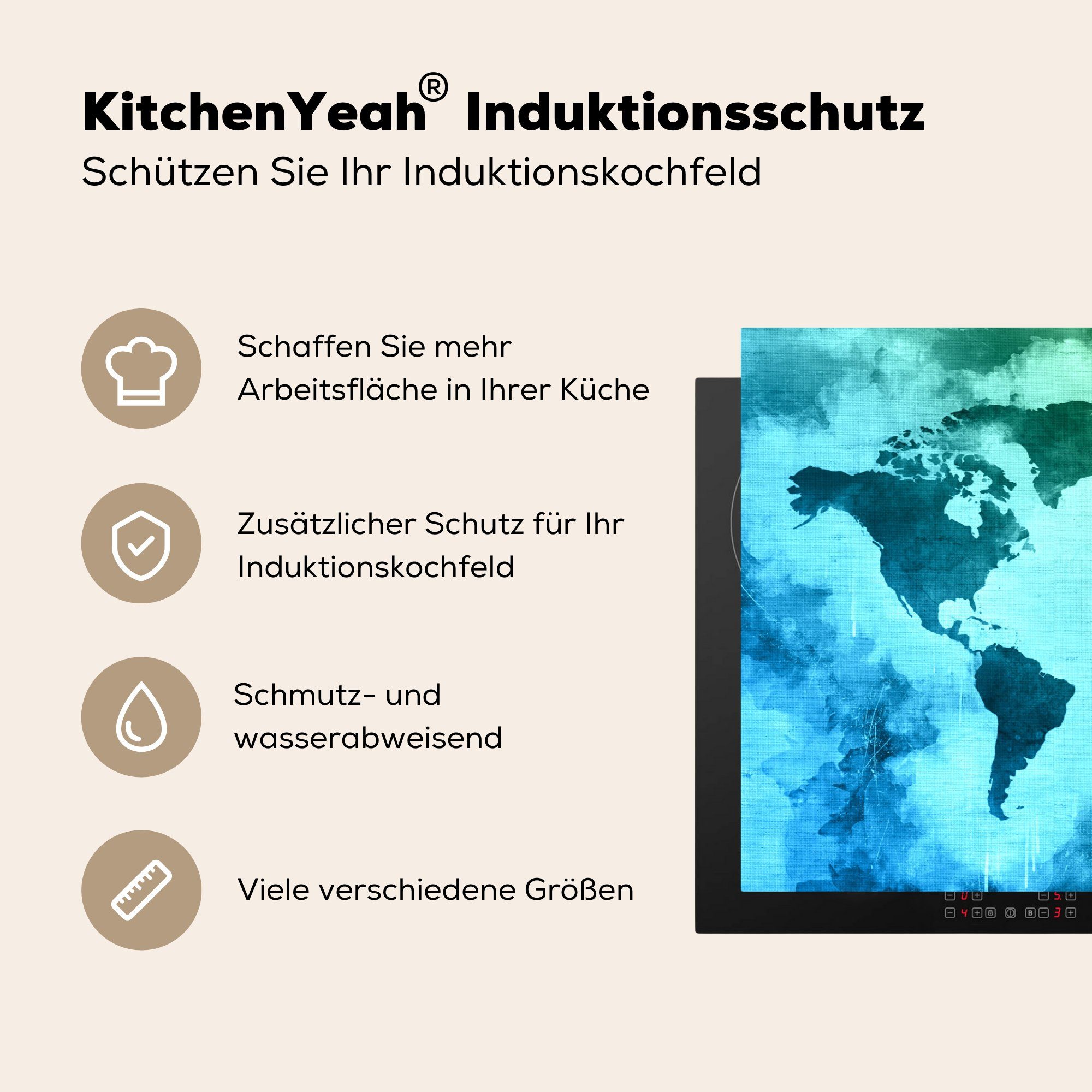 Weltkarte - für Induktionskochfeld 81x52 Vinyl, Grün, (1 cm, tlg), - Schutz MuchoWow Herdblende-/Abdeckplatte die küche, Ceranfeldabdeckung Blau