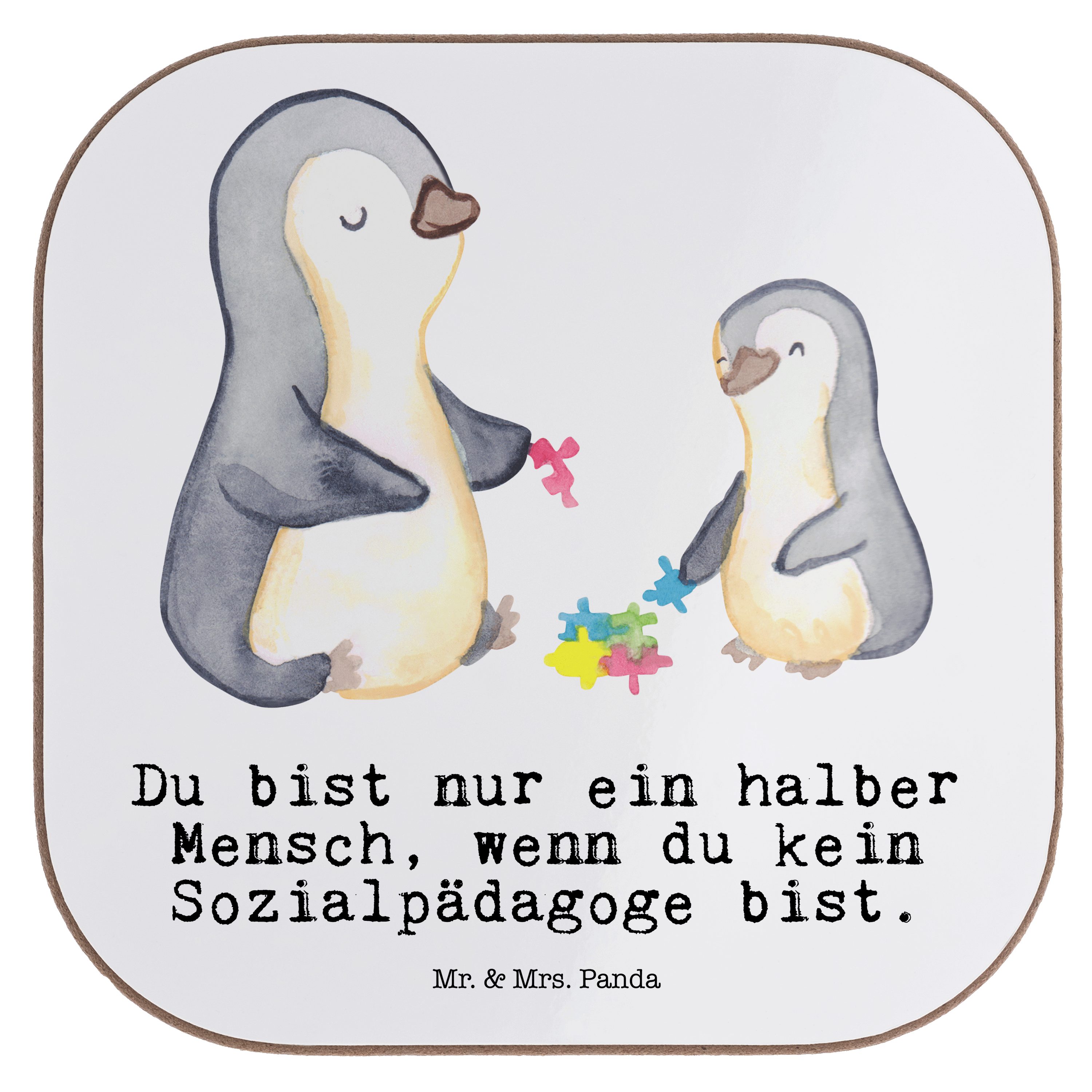 Mr. & Mrs. Panda Getränkeuntersetzer Sozialpädagoge mit Herz - Weiß - Geschenk, Getränkeuntersetzer, Danke, 1-tlg.