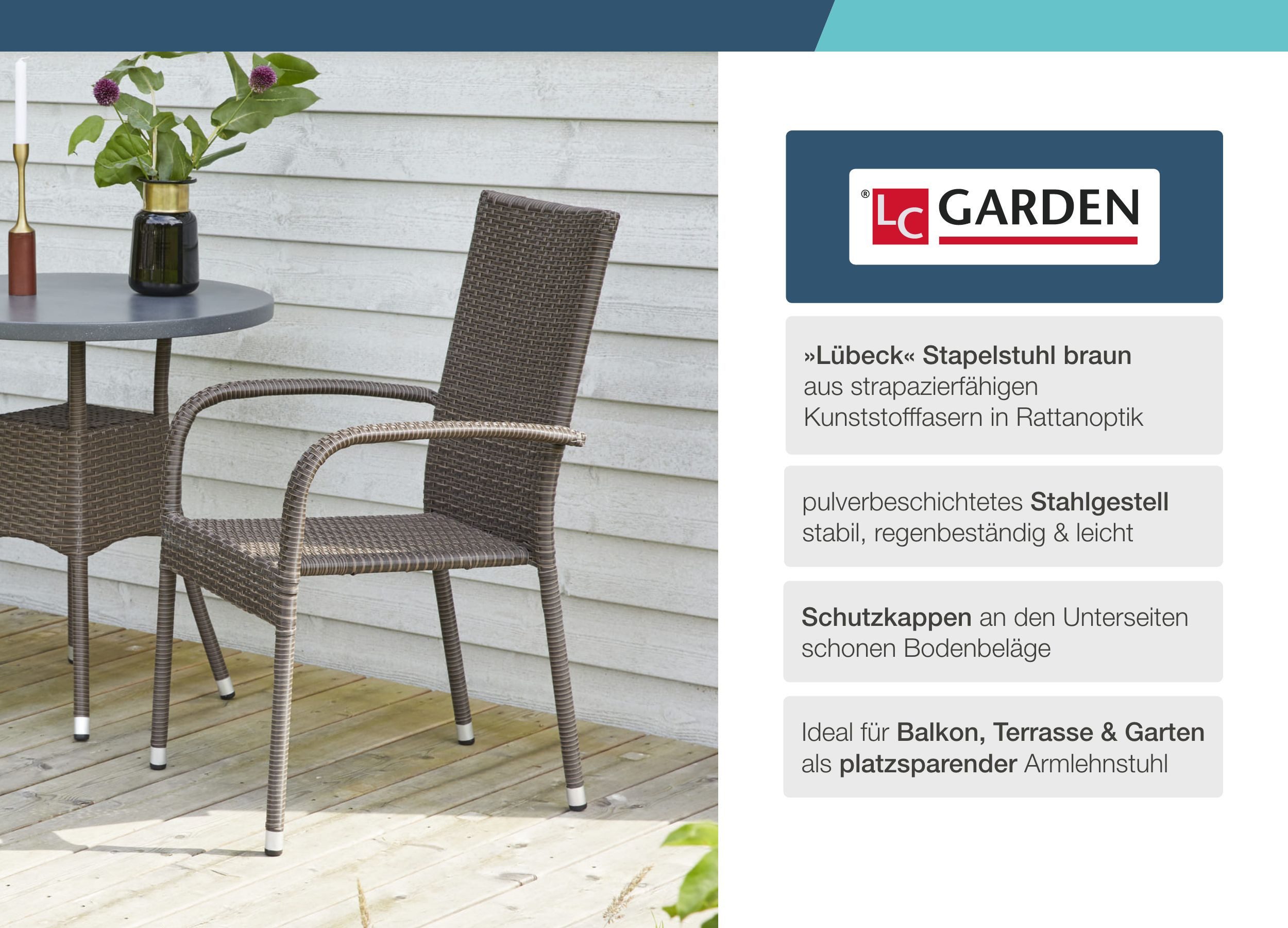 LC Garden Stapelstuhl LC Garden »Lübeck« 4er Set Stapelstuhl braun Armlehnstuhl Balkonstuhl