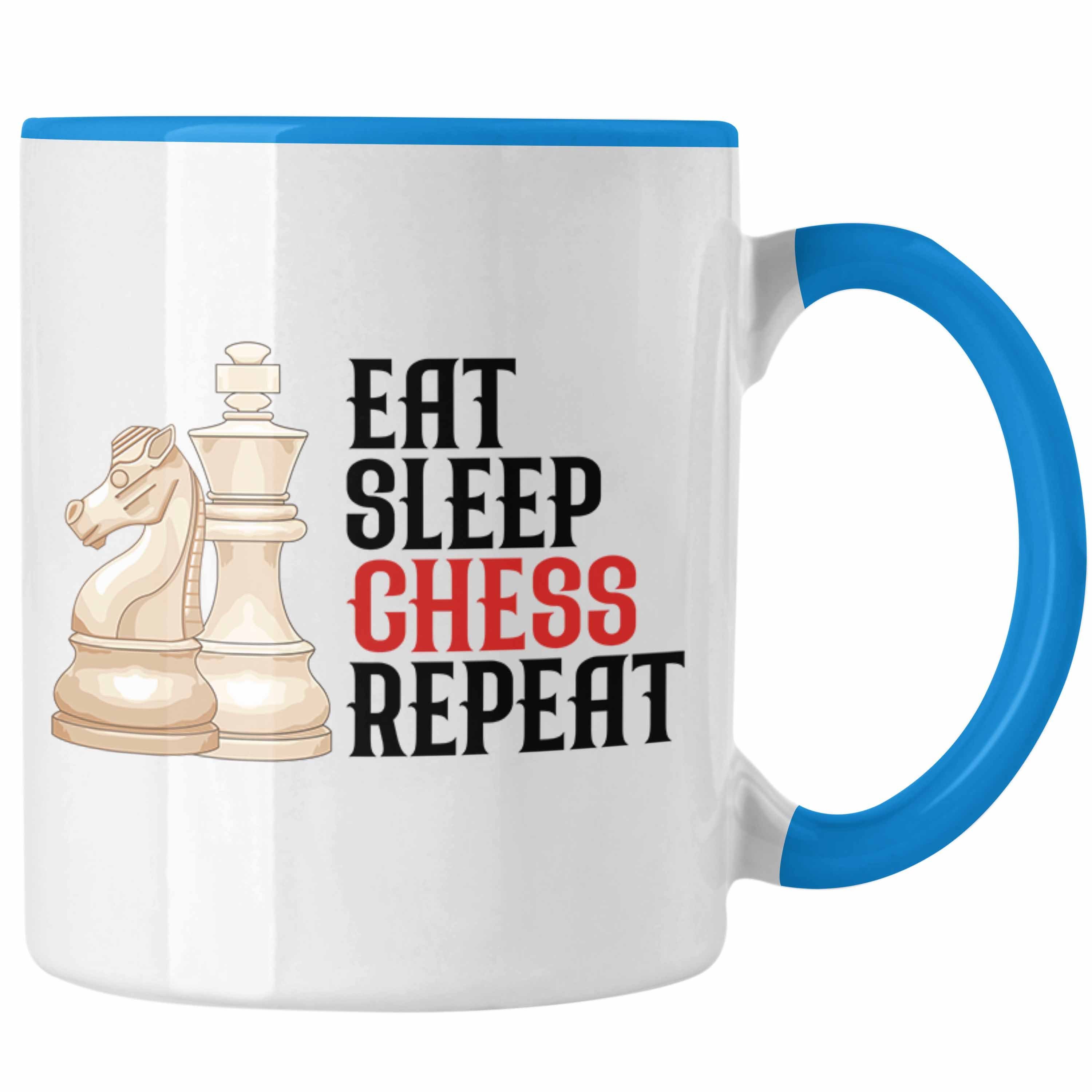 Trendation Tasse Trendation - Schach Tasse Geschenk für Schach-Spieler Profis Lustiger Spruch Grafik Eat Sleep Chess Blau