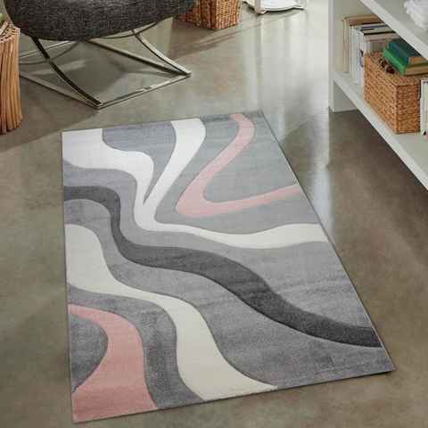 Teppich Moderner rosa weiß& grauer Teppich, Allergiker-freundlich, Carpetia, rechteckig, Fußbodenheizung geeignet, strapazierfähig