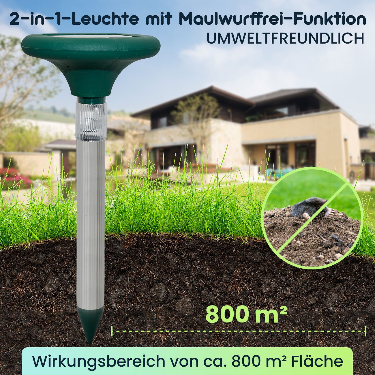 Casativo Vibrations-Tierabwehr Solar Maulwurfschreck mit LED 800m² Abwehr & Gartenleuchte Alu-Spieß, 1-tlg., 1er-Set & 3er-Set, 2-in-1 Maulwurf-Abwehr (400 Hz)  – Bild 4 von 5