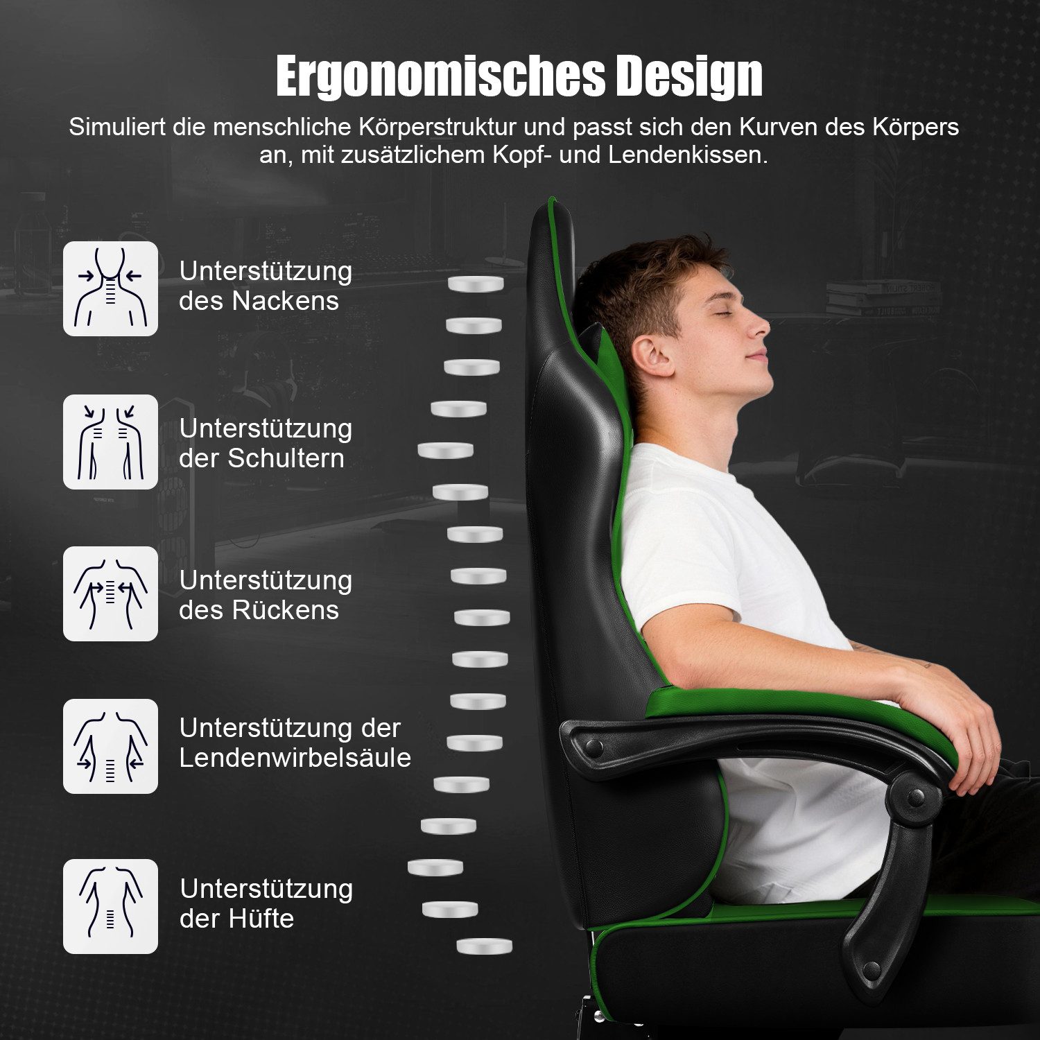 Hiazurm Gaming-Stuhl Gaming Stuhl Chair Gamer Sessel - Ergonomischer Gamer Stuhl (Tragkraft 150 Kg), Gamingstuhl mit Fußstütze Kopfstütze und Lordosenstütz PC S – Bild 3 von 5