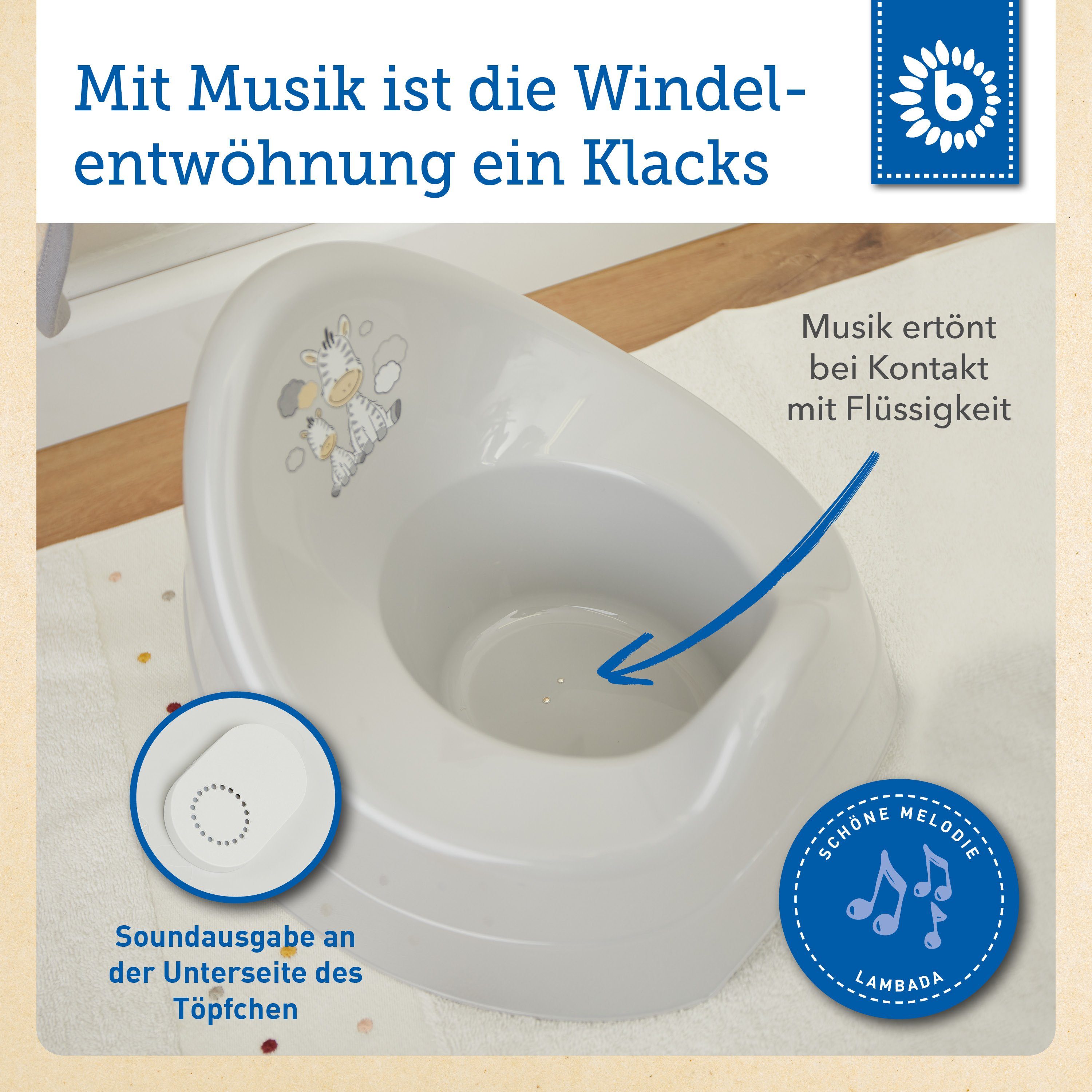 BIECO Toilettentrainer Bieco Töpfchen für Kinder mit Musik grau mit Zebra Motiv Ab 8 Monate baby toilette kindertopf kindertöpfchen abhaltetöpfchen klositz toilettenaufsatz