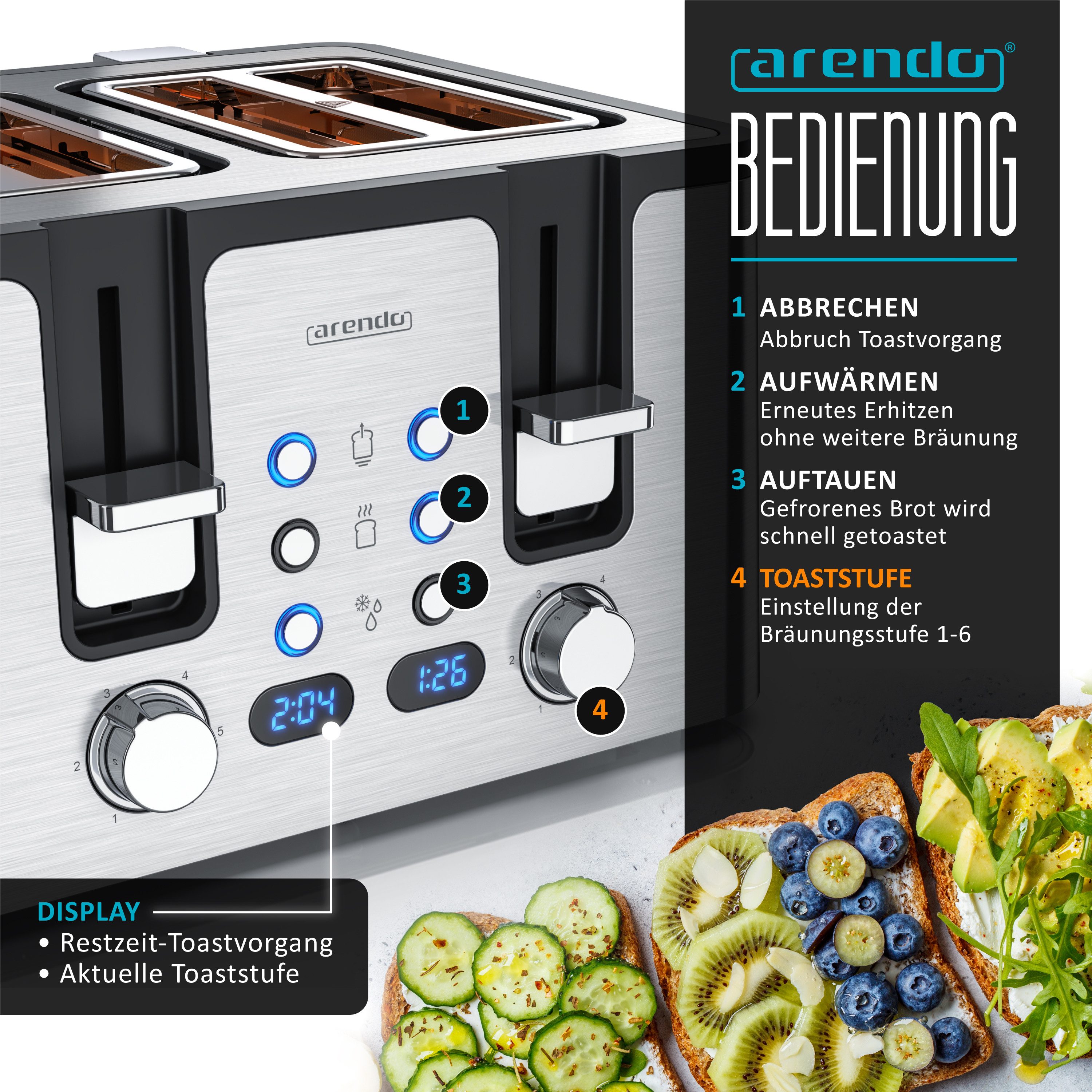 Arendo Toaster Edelstahl, Brötchenaufsatz, Restzeitanzeige, Silber, 4 kurze Schlitze, für 4 Scheiben, 1750 W, Doppelwandgehäuse, Defrost Funktion, Krümelschublade, 6 Bräunungsgrade