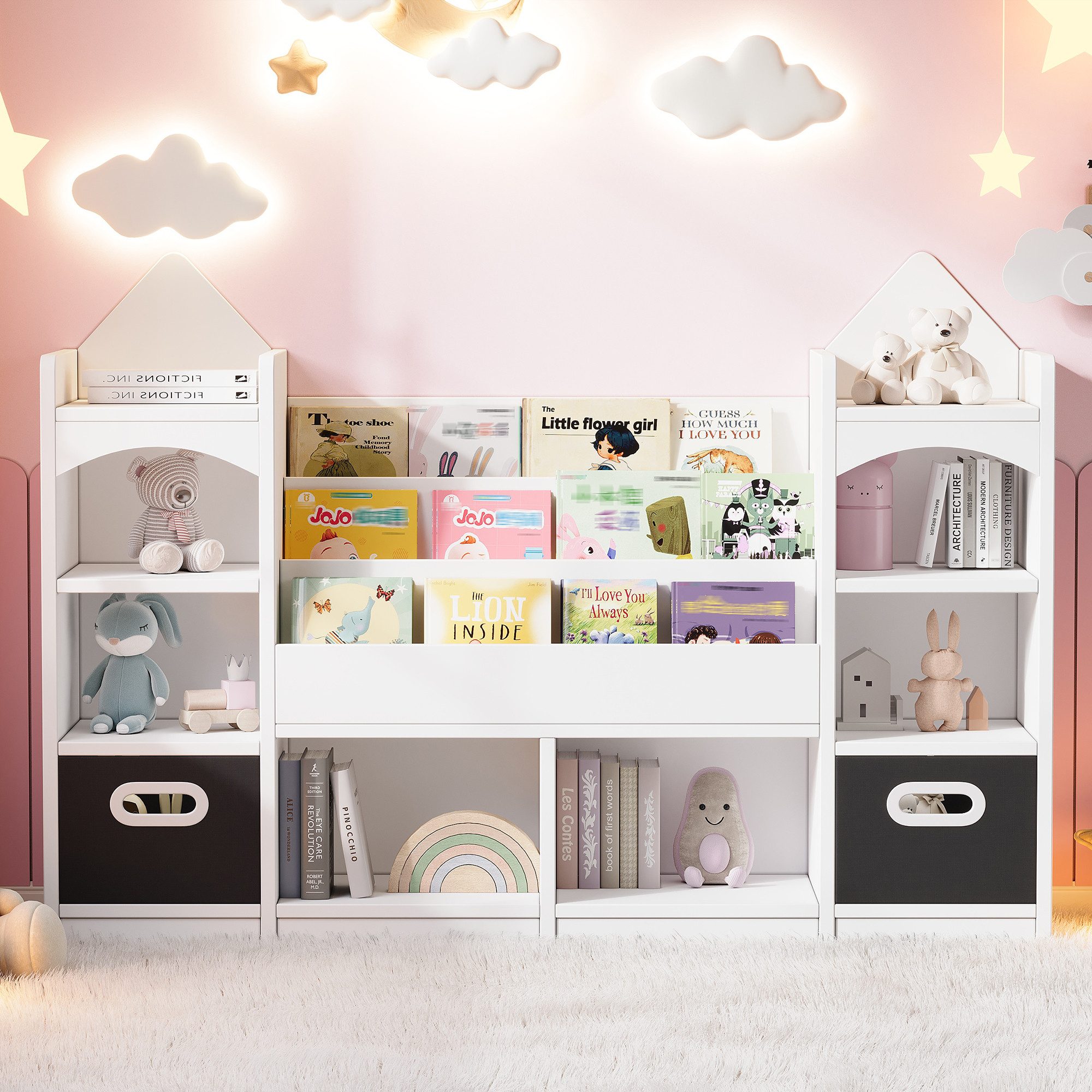 Flieks Bücherregal, 1-tlg., Spielzeugregal Kinderbuchregal mit 2 klappbaren Aufbewahrungsboxen