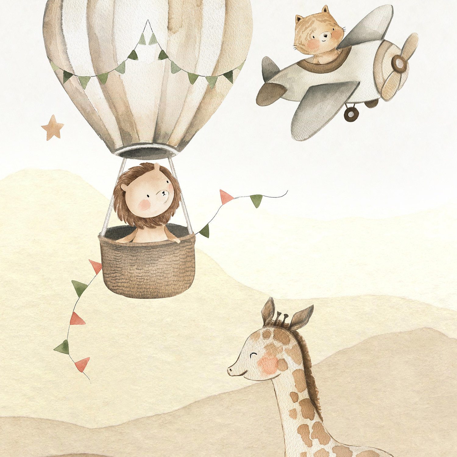 Rasch Fototapete Kinderzimmer mit Tieren, Flugzeugen und Heißluftballons, strukturiert, gemustert, (1 Rolle, 1 St), Safari Tiere