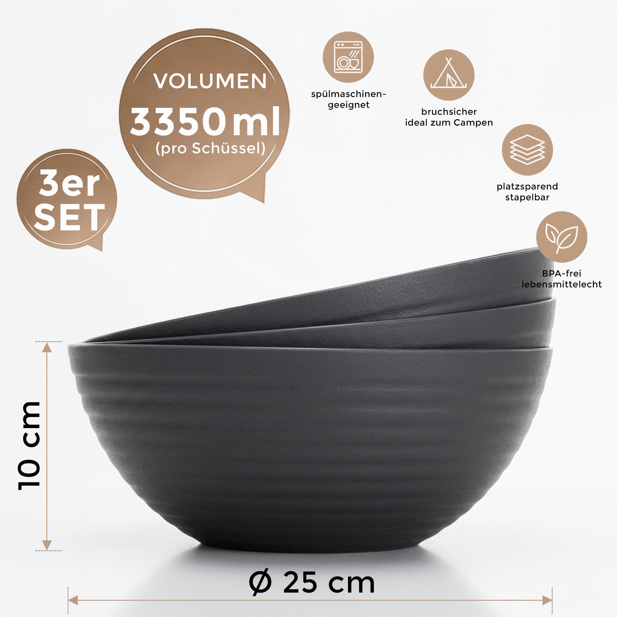 Hausfelder Servierschüssel Salatschüssel Set Schüsseln für Salat, Chips, Obst in Schwarz, Kunststoff, (3er Set, 3-tlg), spülmaschinengeeignet, BPA-frei, bruchfest, Wellen-Design