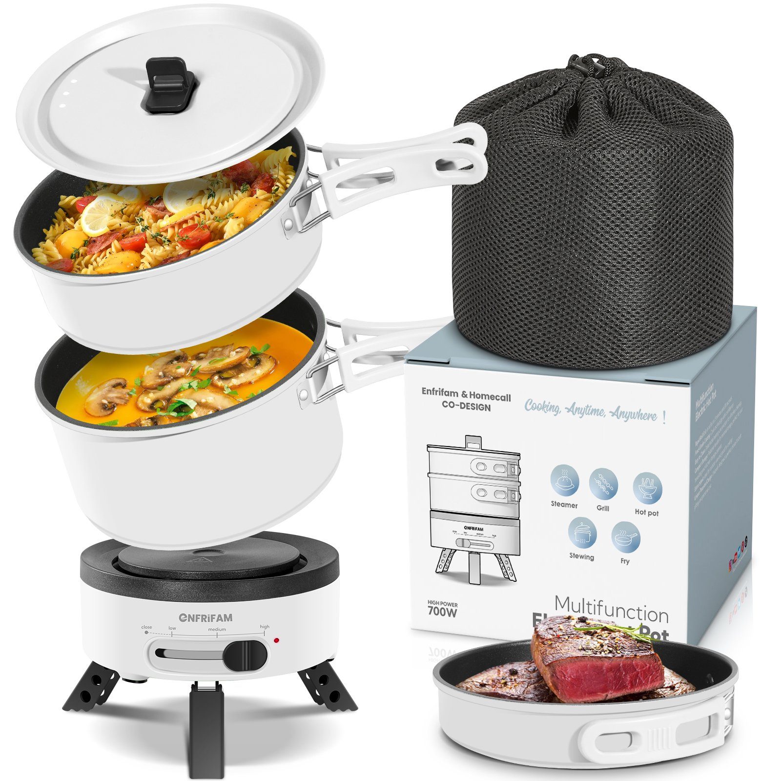 ENFRIFAM Elektrische Multipfanne Elektrische Hot Pot, Multikocher, Elektrische Pfannen, Campingkocher, 700,00 W, Fondue Set, Ideal für Büro Wohnheime Hotels Reisen Wohnwagen