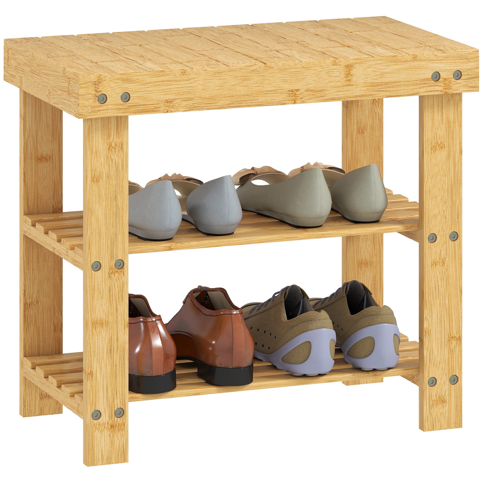 HOMCOM Schuhbank mit 2 Ablagen und Sitzfläche (Schuhregal aus Bambus, 1-St., Sitzbank), für Flur, Eingangsbereich, 50 x 28 x 45 cm, Natur