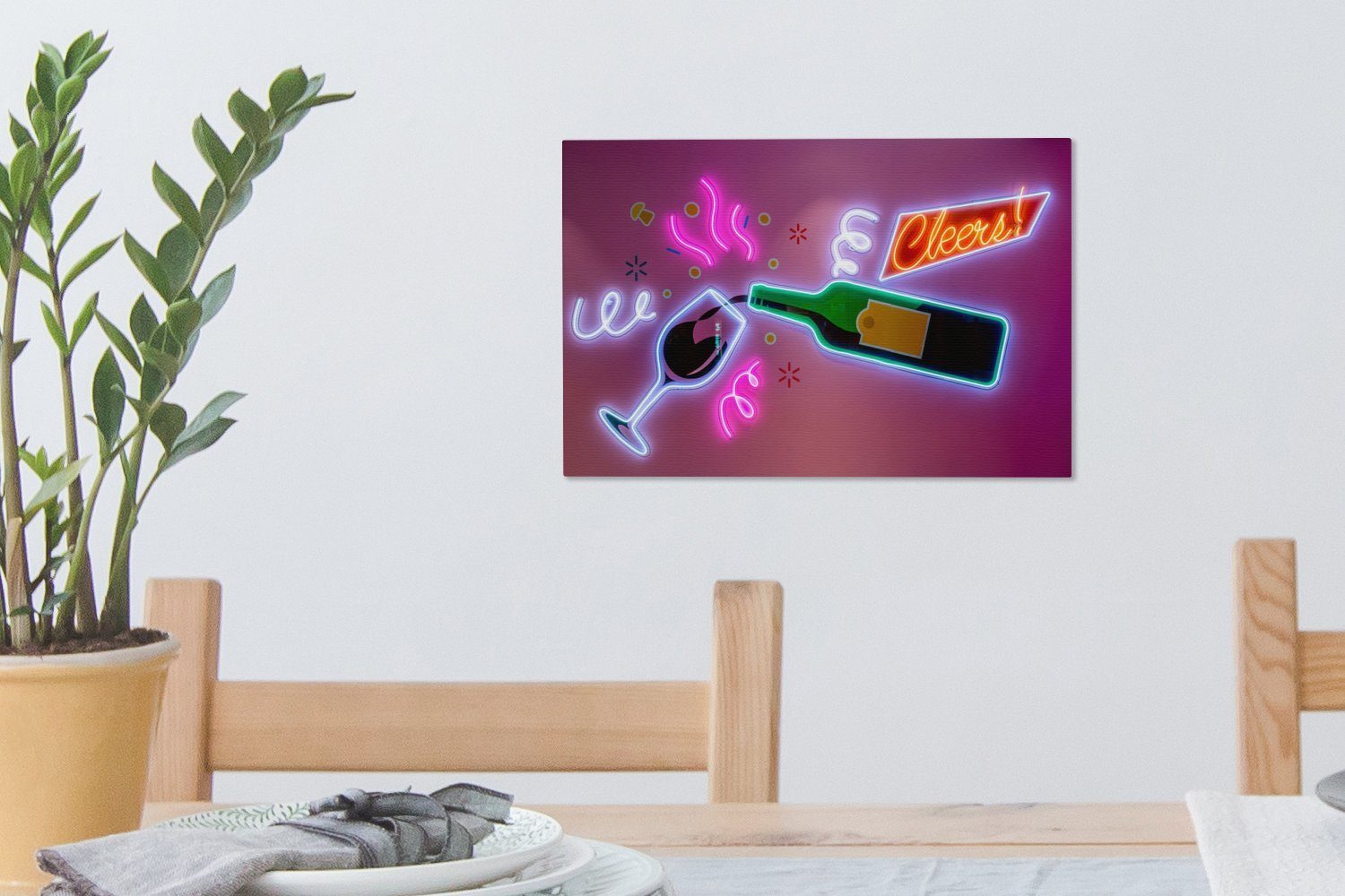 OneMillionCanvasses® Leinwandbild Neon-Weinflasche mit Glas, (1 cm Aufhängefertig, Leinwandbilder, Wandbild Wanddeko, 30x20 St)