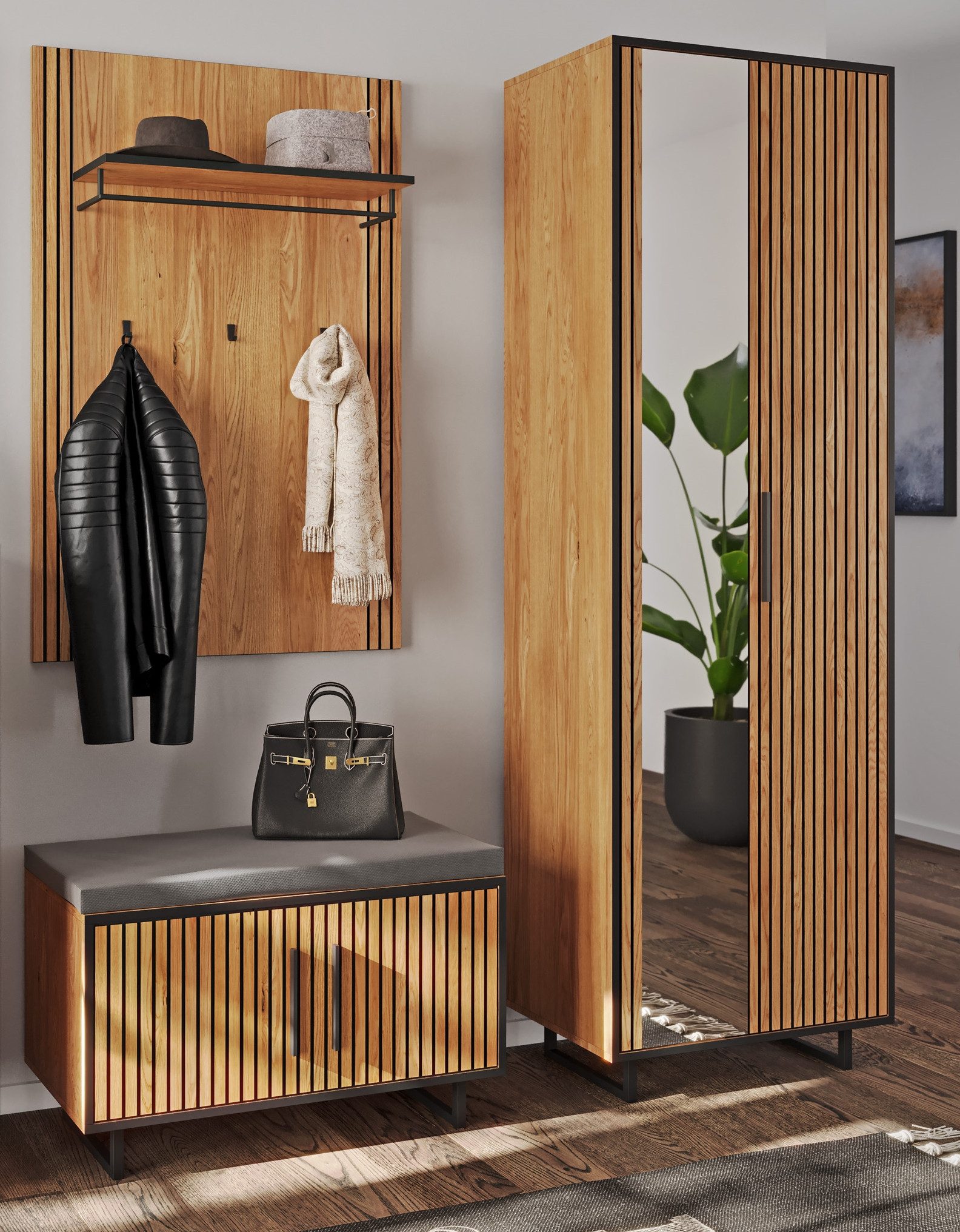 Lebenswert Garderoben-Set Eddie, (3-teilig), (3-teilig) in Eiche / schwarz - 153x197x40 (BxHxT)