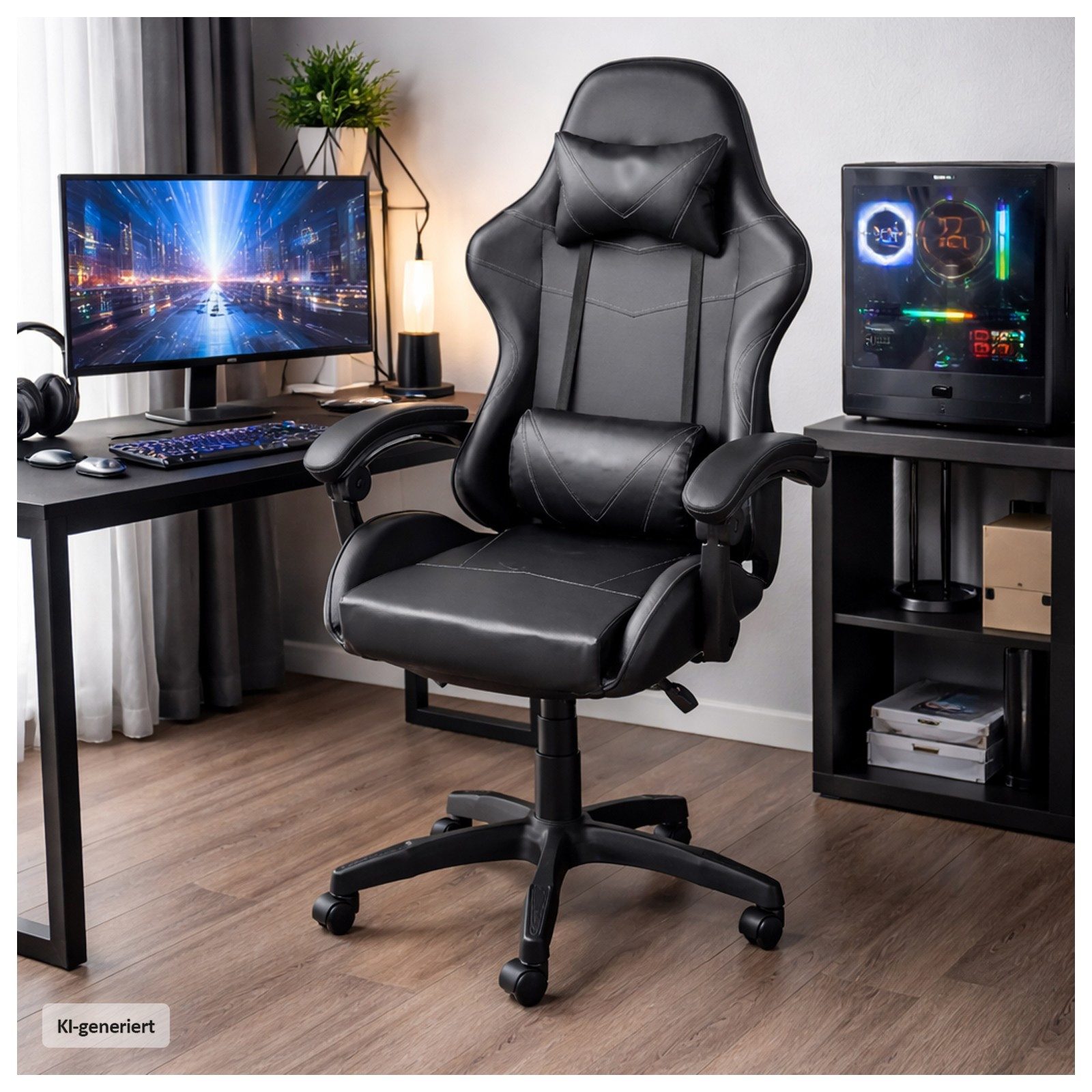 HTI-Living Gaming-Stuhl Drehstuhl Kunstleder Schwarz (Stück, 1 St), mit Nacken- und Lendenkissen