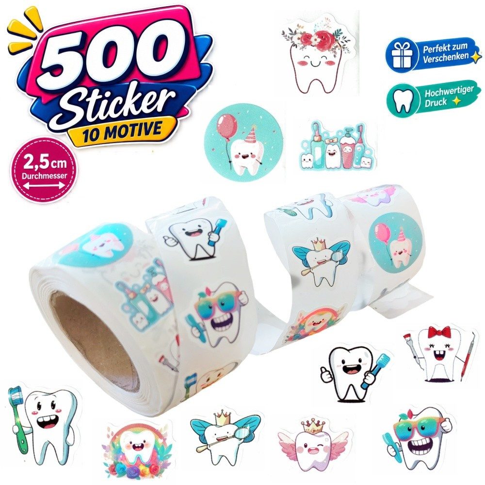 Ware aus aller Welt Sticker 500 Zahn Sticker 10 Motive selbstklebend 2,5 cm Dekoration, (500-tlg)