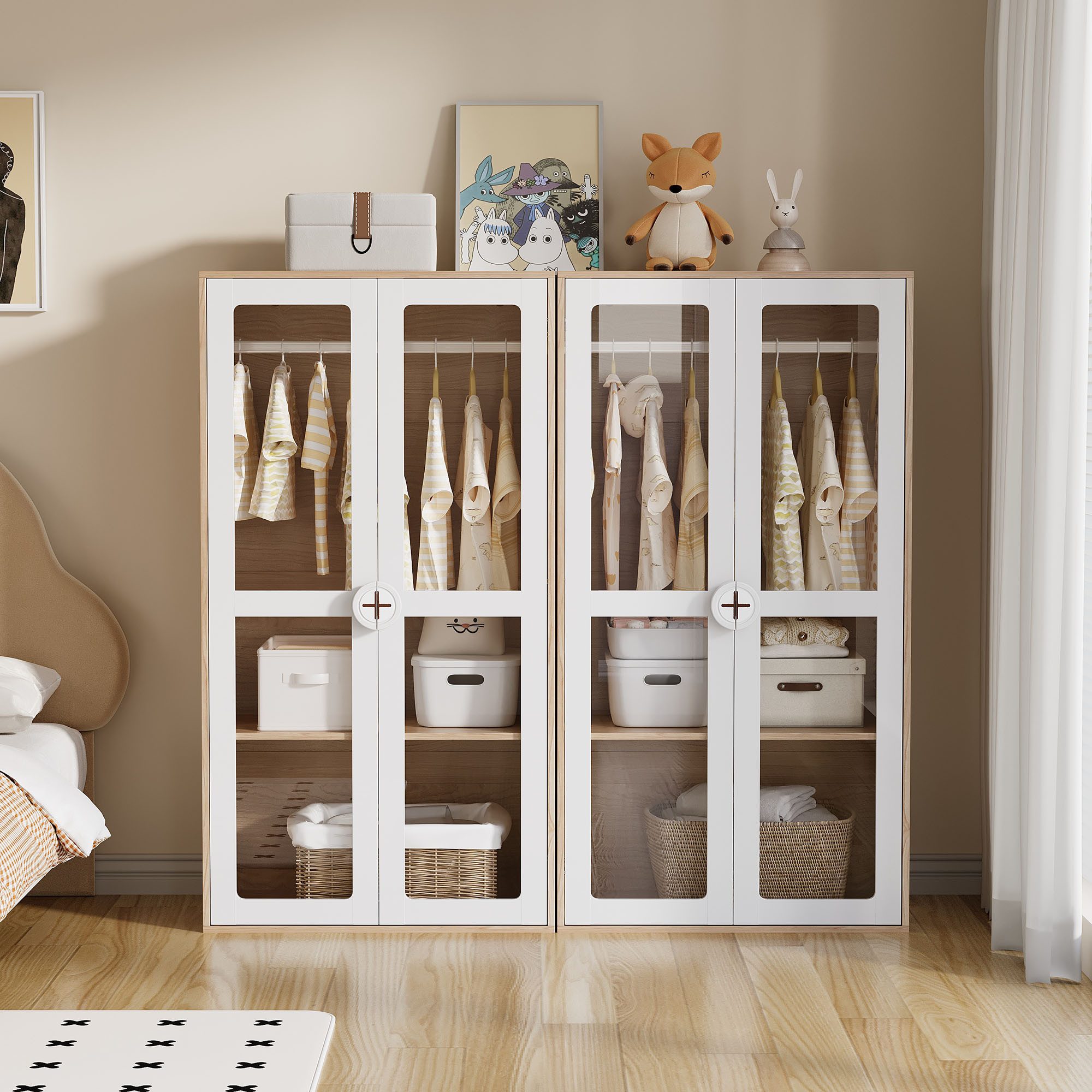 Ulife Kleiderschrank zweitüriger Glastür-Schrank mit Kleiderstange & verschiebbaren Regalen (2-St) Flurschrank, Kinderkleiderschrank, 80×50×150 cm