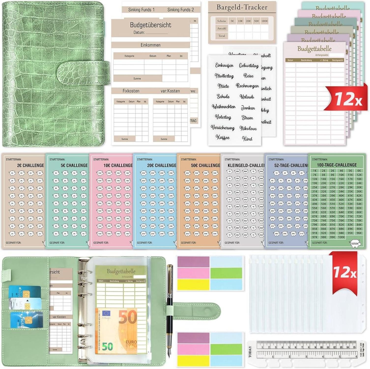 Notizbuch Budget Planner Deutsch Startset mit 8 Sparchallenges - A6 Leder