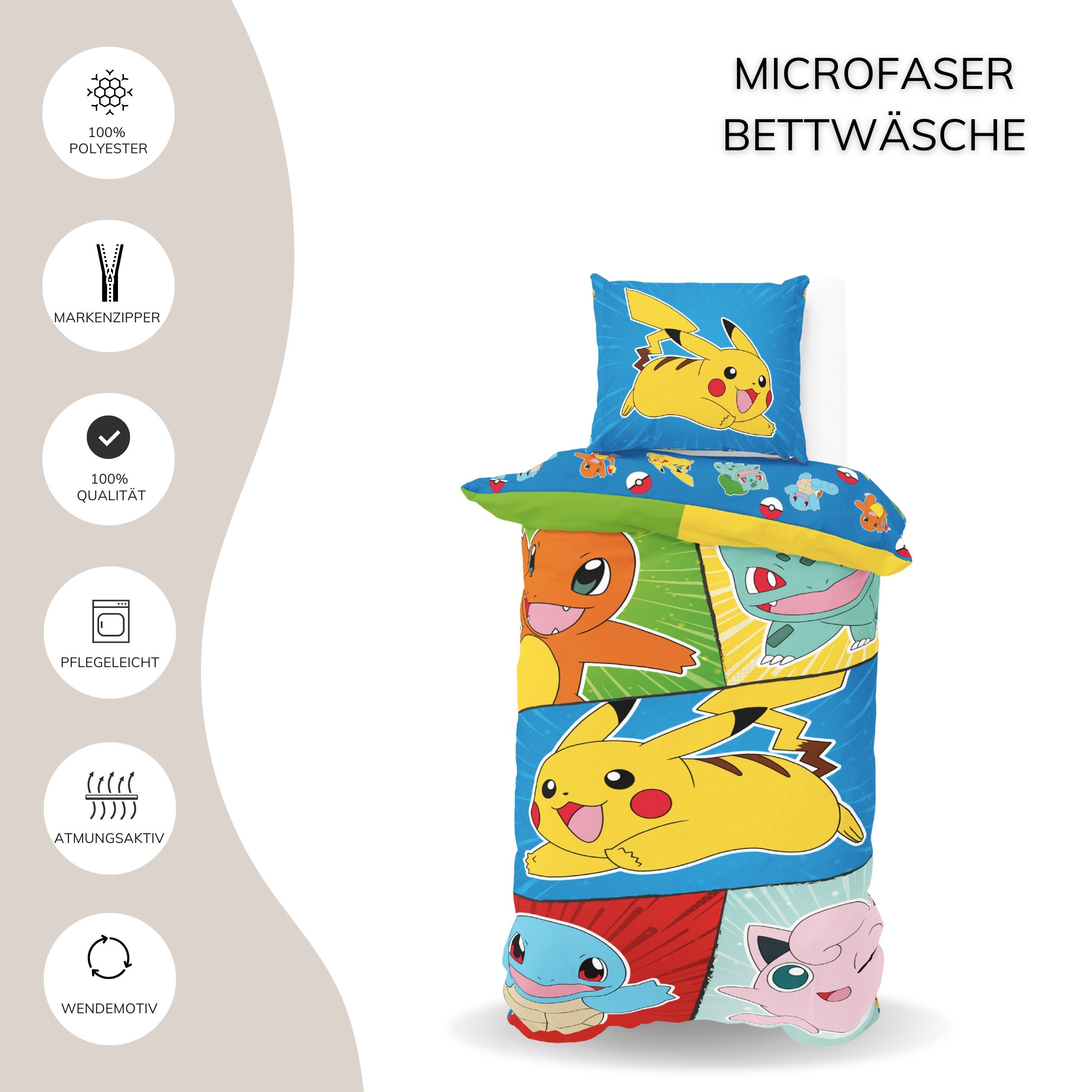 MTOnlinehandel Kinderbettwäsche Pokemon "Dream Team" weiche Microfaser, 135x200 cm + 80x80 cm, Microfaser, 2 teilig, Wendebettwäsche für Mädchen und Jungen, Gam – Bild 4 von 5