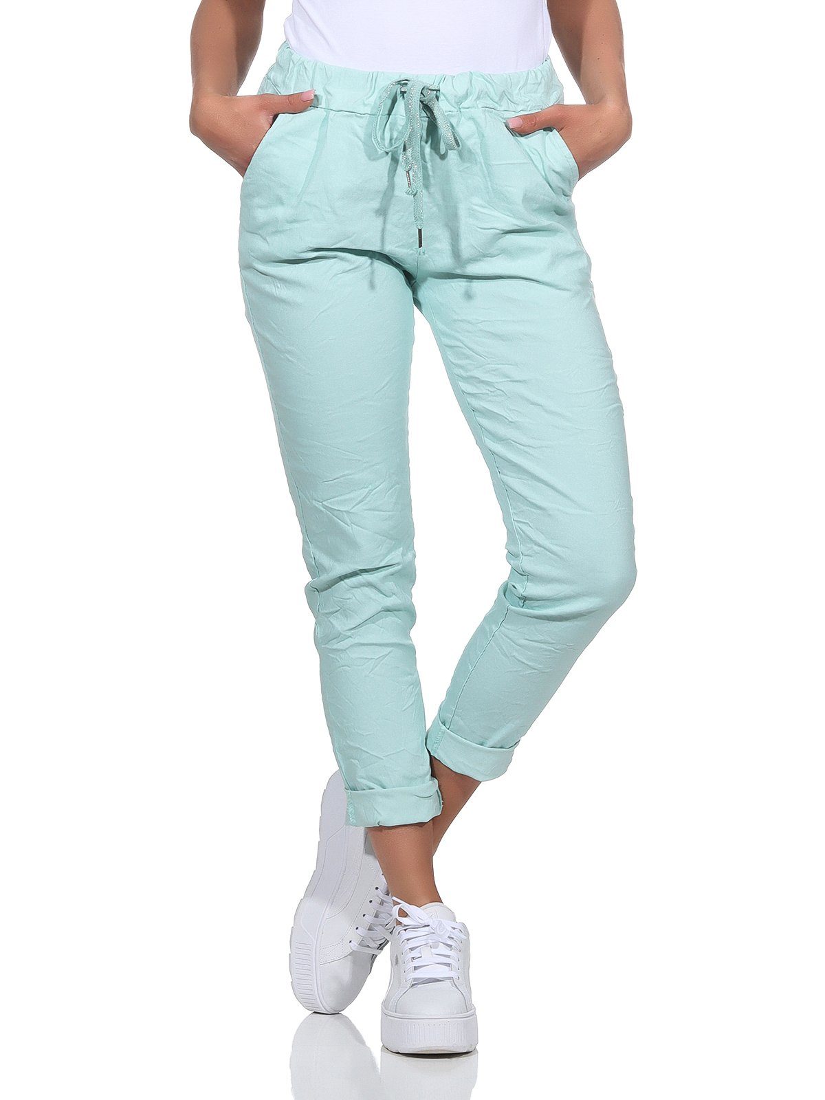 Aurela Damenmode Schlupfhose Sommerhose Damen Chinohose leichte Schlupfhose auch in großen Größen erhältlich, Stretch-Jeans in modischen Sommerfarben, max. Körpergröße 1,69m Mint