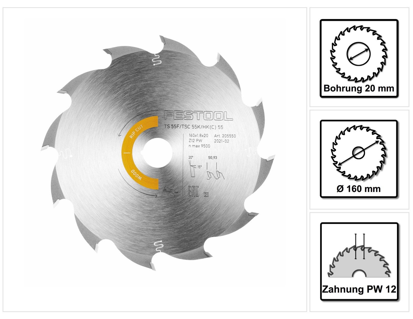 FESTOOL Kreissägeblatt Kreissägeblatt Wood Rip Cut HW 160 x 1,8 x 20 mm PW12 (205550) für