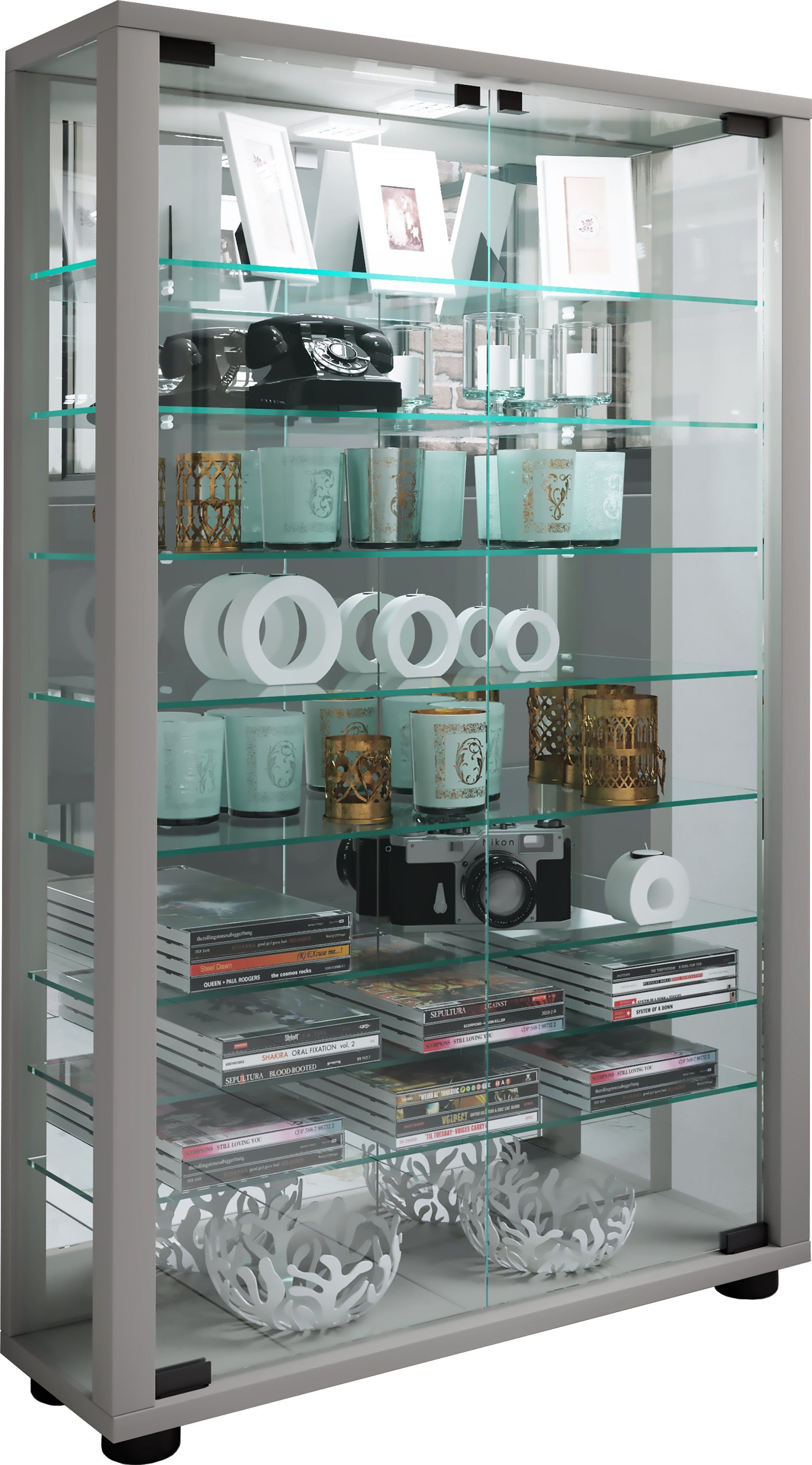 VCM Standvitrine Glas Stand Vitrine Sammelvitrine Lumo Mini Spiegel