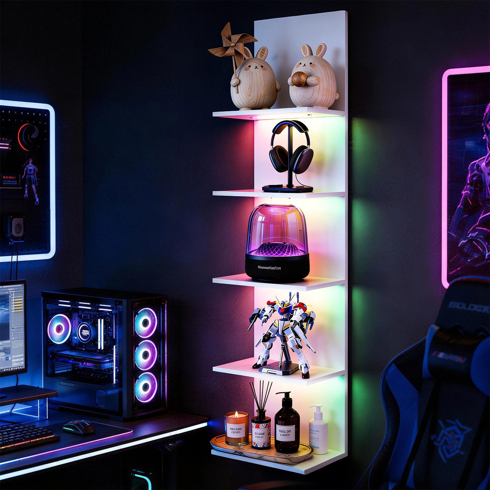 XIIW Hängevitrine Wandregal mit RGB+IC Schweberegal Dekoregral Wandboard Hängeregal (5 Ebenen Eckregal mit RGB+IC-Licht, App, Fernbedienung, 30×18×117 cm) Regal Wand Stufenregal für Deko Präsentation Sammlung