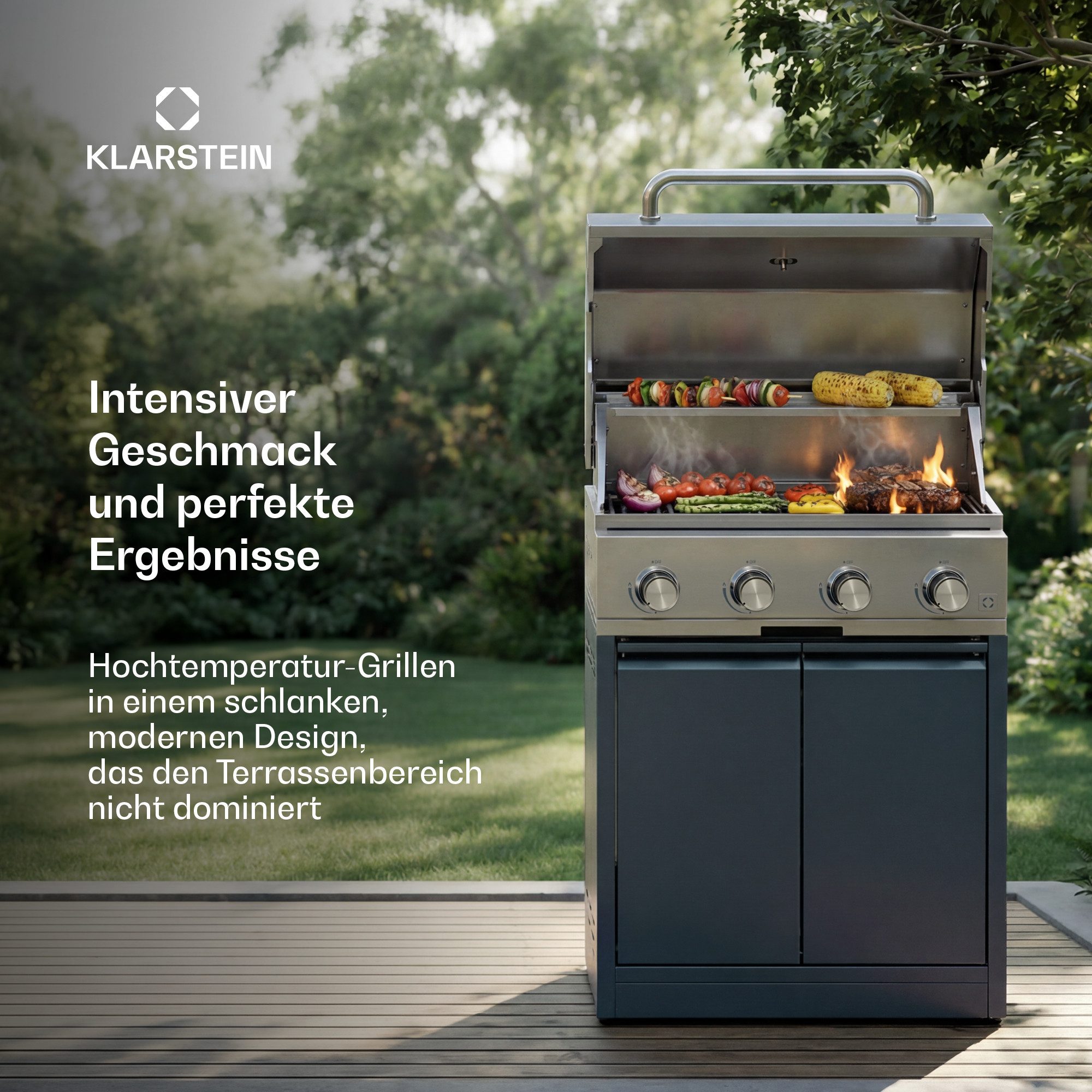 Klarstein Gasgrill WaldChef Outdoor-Gasgrill 4 Brenner 12800W 50 mbar Edelstahl Gusseisen, BBQ-Grill Tischgrill Standgrill mit Gussrost & Thermometer Garten