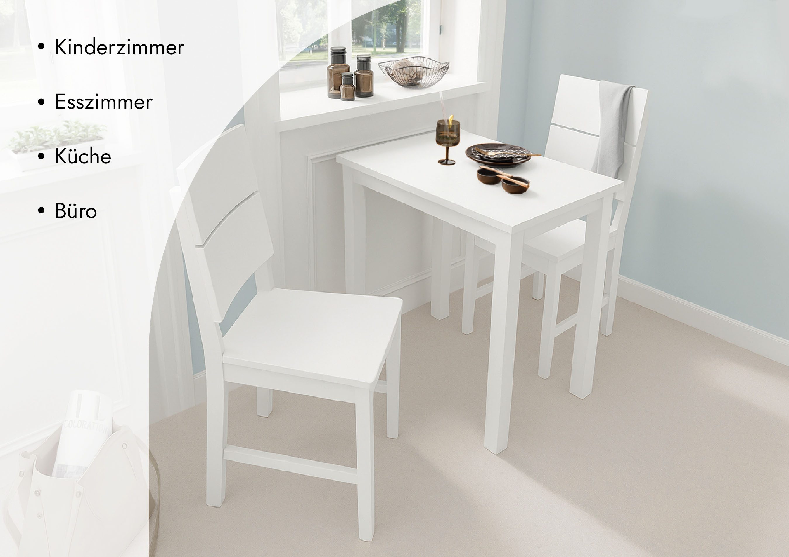 Woodroom Essgruppe Kota, (aus Hevea Massivholz, lackiert, Esstisch 50x70cm mit 2 Stühlen), Stuhl-Set und Tischgruppe für Esszimmer