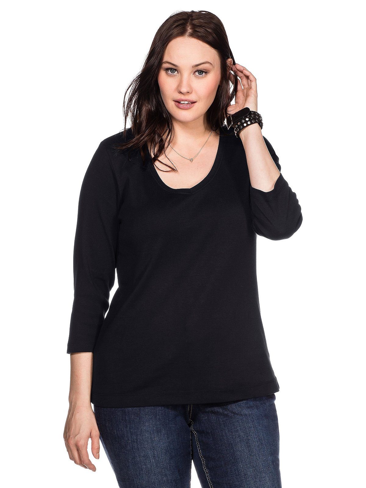 Shirtware aus gerippte Sheego reiner 3/4-Arm-Shirt Größen in Baumwolle, Baumwollqualität Große Fein