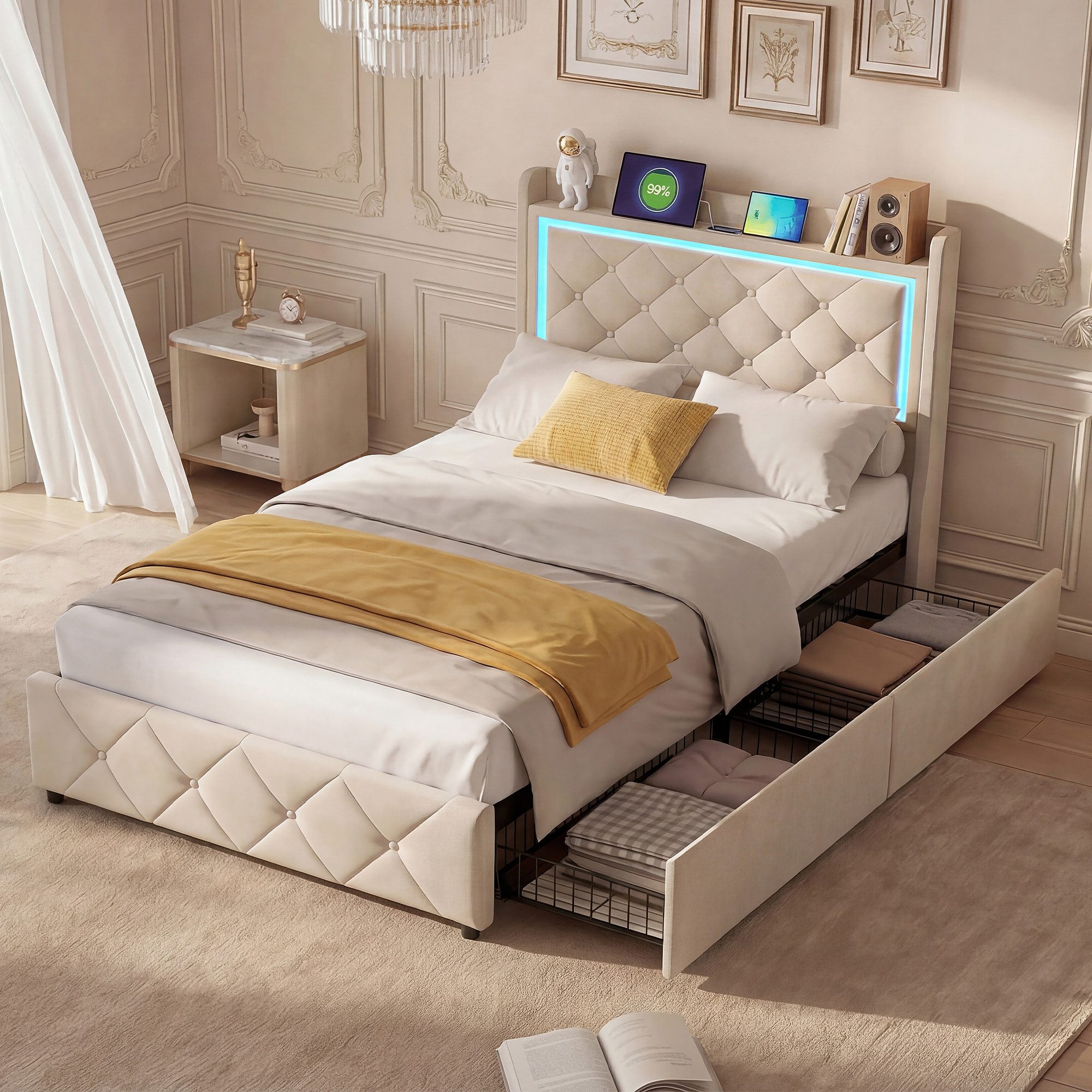 Simurq Polsterbett Einzelbett 90x200 mit 2 Schubladen, Jugendbett, Gästebett, Bettgestell, Mit LED und Ladeanschluss, Mit Lattenrost