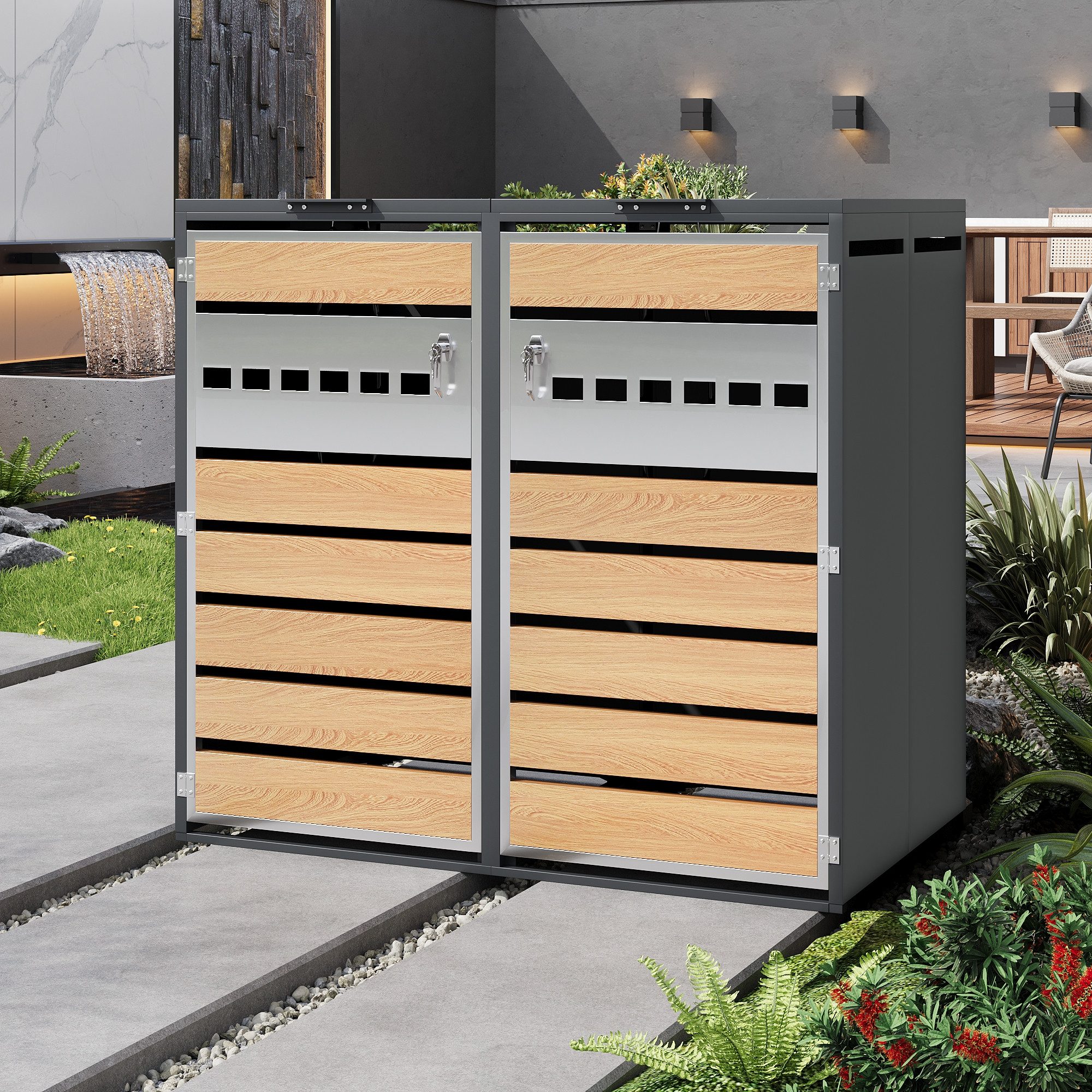 CHICFURN Mülltonnenbox Sicher abschließbar mit integrierten Staufächern (Set, 2 St., Praktische Aufbewahrung für draußen), Müllbox mit Klappdeckel & zwei Türen