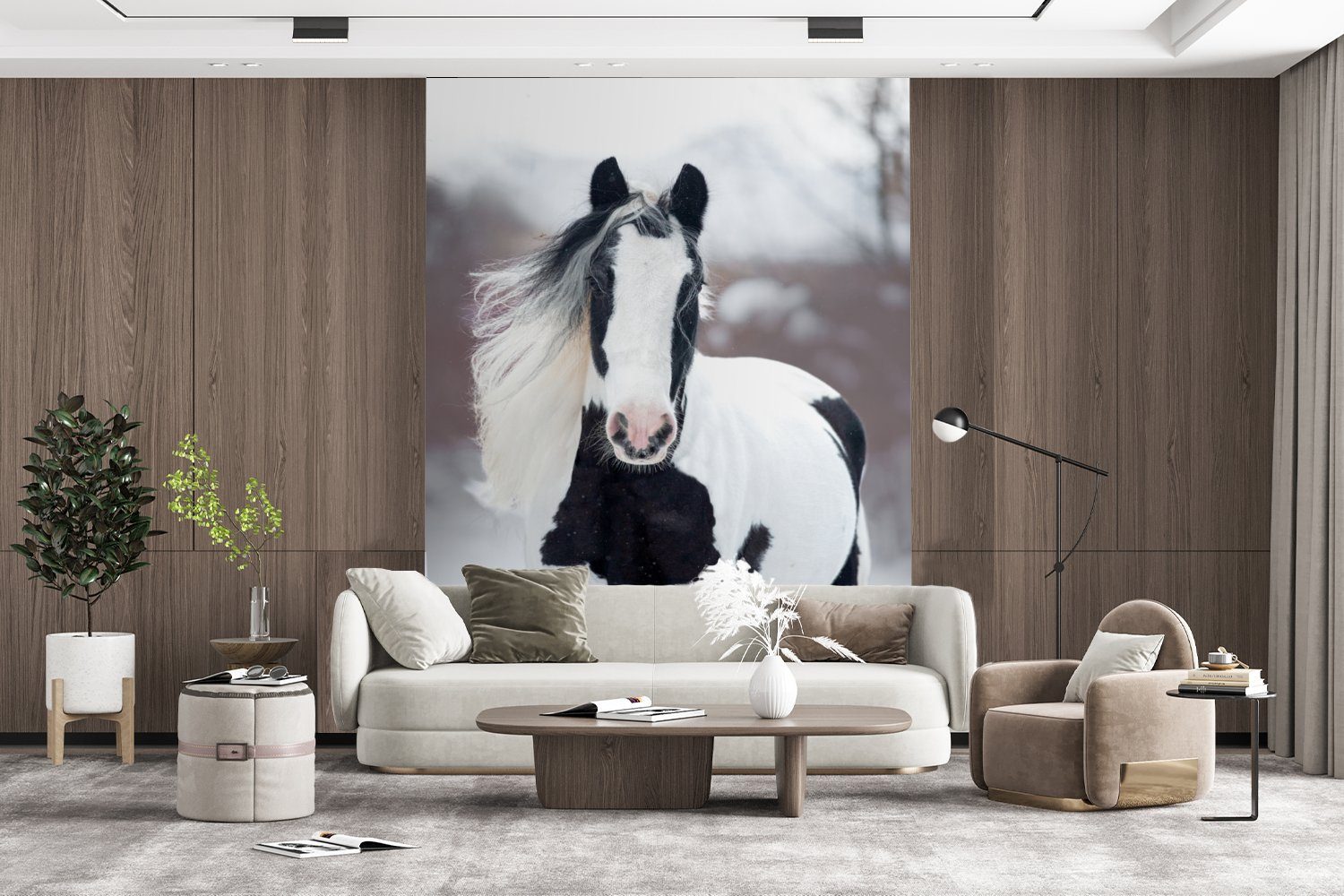 Wohnzimmer, - Fototapete für (4 Porträt, Tapete St), MuchoWow - Schnee Pferd Wandtapete Winter - Matt, bedruckt, Vinyl Montagefertig