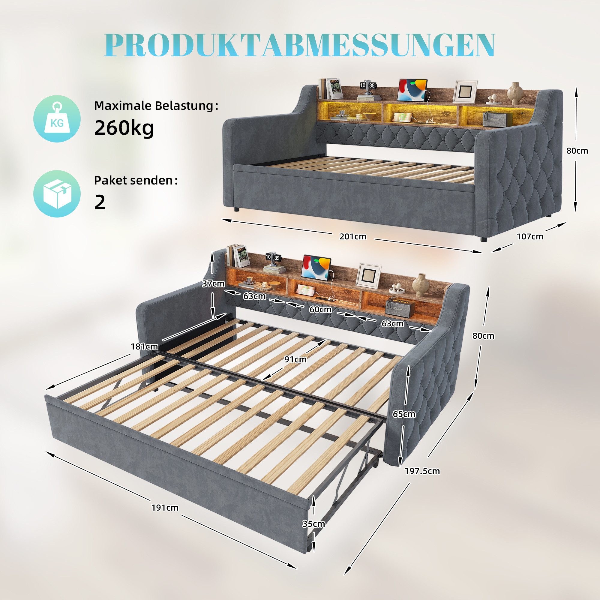 Celya Polsterbett Schlafsofa Samt-Sofabett 90x190 cm mit Ausziehbett, LED-Beleuchtung (ohne Matratze, mit Stauraum-Holzkopfteil, USB- und Type-C-Anschluss) – Bild 2 von 5