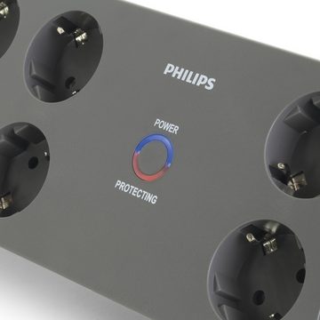 Philips SPN5085B/10 Steckdosenleiste 8-fach (Ein- / Ausschalter, Kindersicherung, automatische Abschaltung bei Überspannung), Kabelmanagement, Schutzanzeige