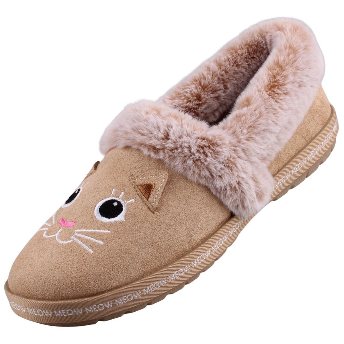 Skechers 33355-TAN Hausschuh Flauschige Pantoffeln mit niedlichem Katzengesicht