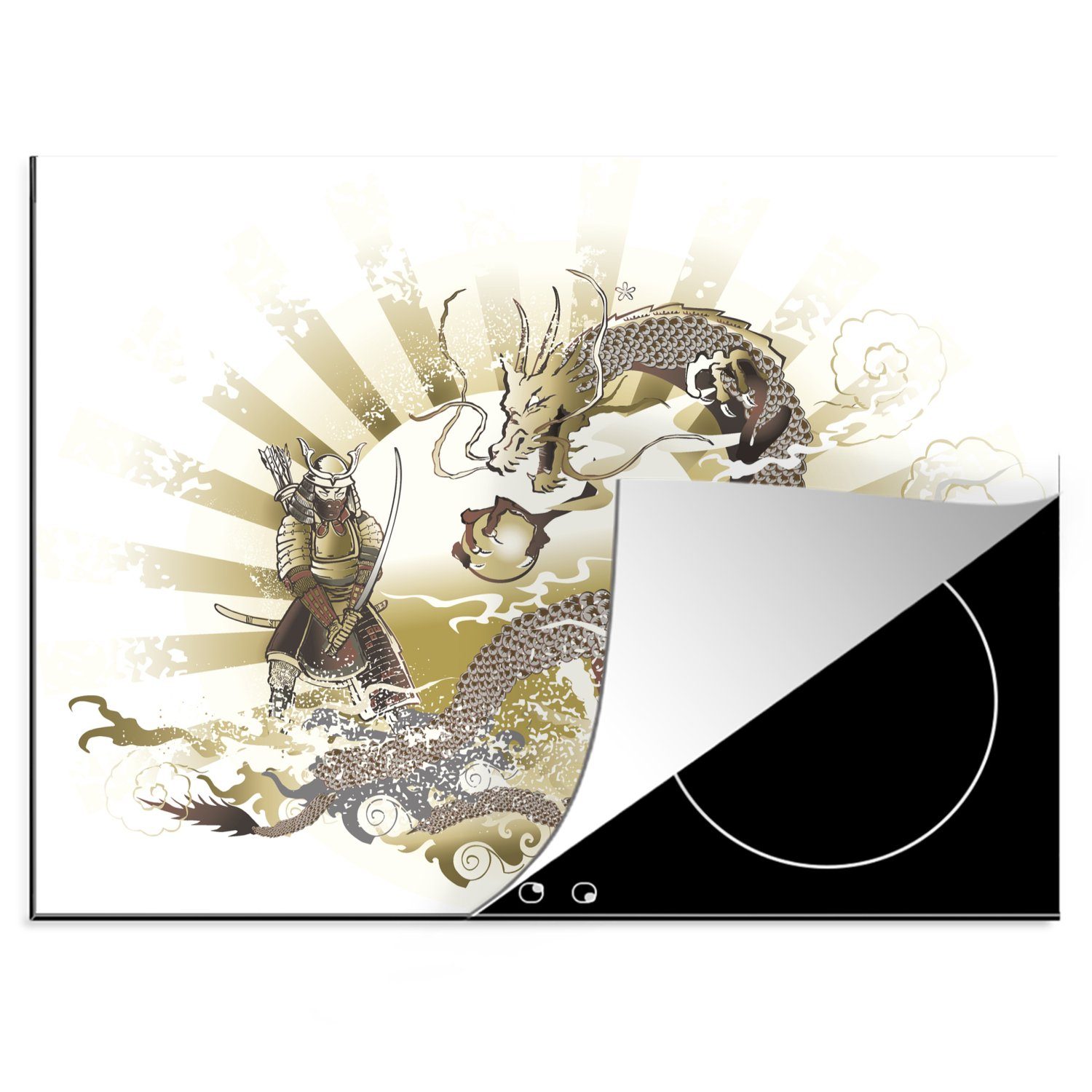 tlg), (1 Arbeitsfläche und Mobile cm, Vinyl, Illustration 70x52 Herdblende-/Abdeckplatte Samurai nutzbar, Ceranfeldabdeckung Drachens, eines eines MuchoWow