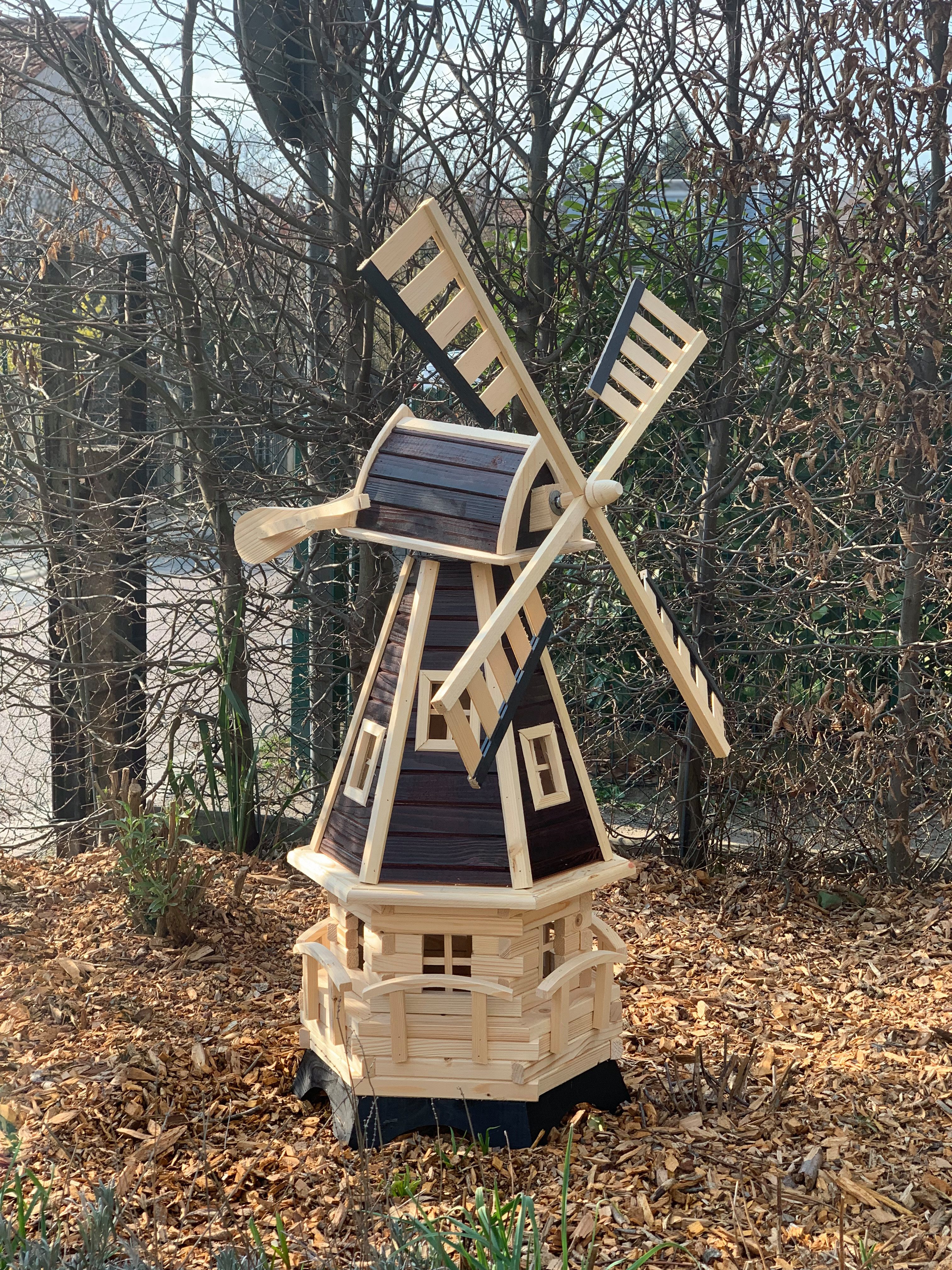 Holzdekoladen Deko-Windrad Holländische Gartenwindmühle Holz drehbar mit Fenster 130 cm