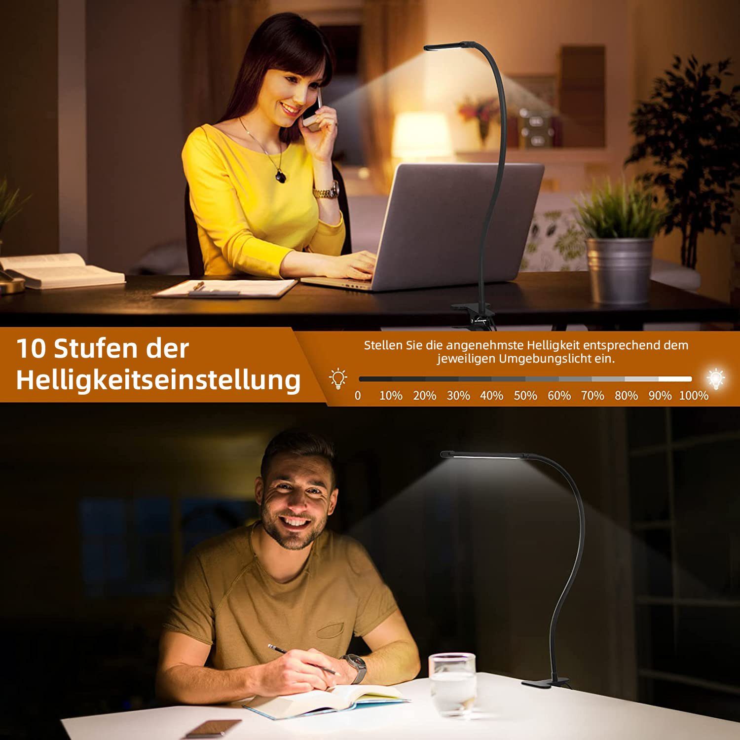 MUPOO LED Schreibtischlampe LED Klemmleuchten,3 Farbtemperatur,Clip-on-Lampe,Leselampe Klemme, 40cm USB-Betrieben,20cm Lampenkopfgröße, 40cm/70cm Lampenhöhe,USB-Betrieben Flexible 360° Klemmleuchten