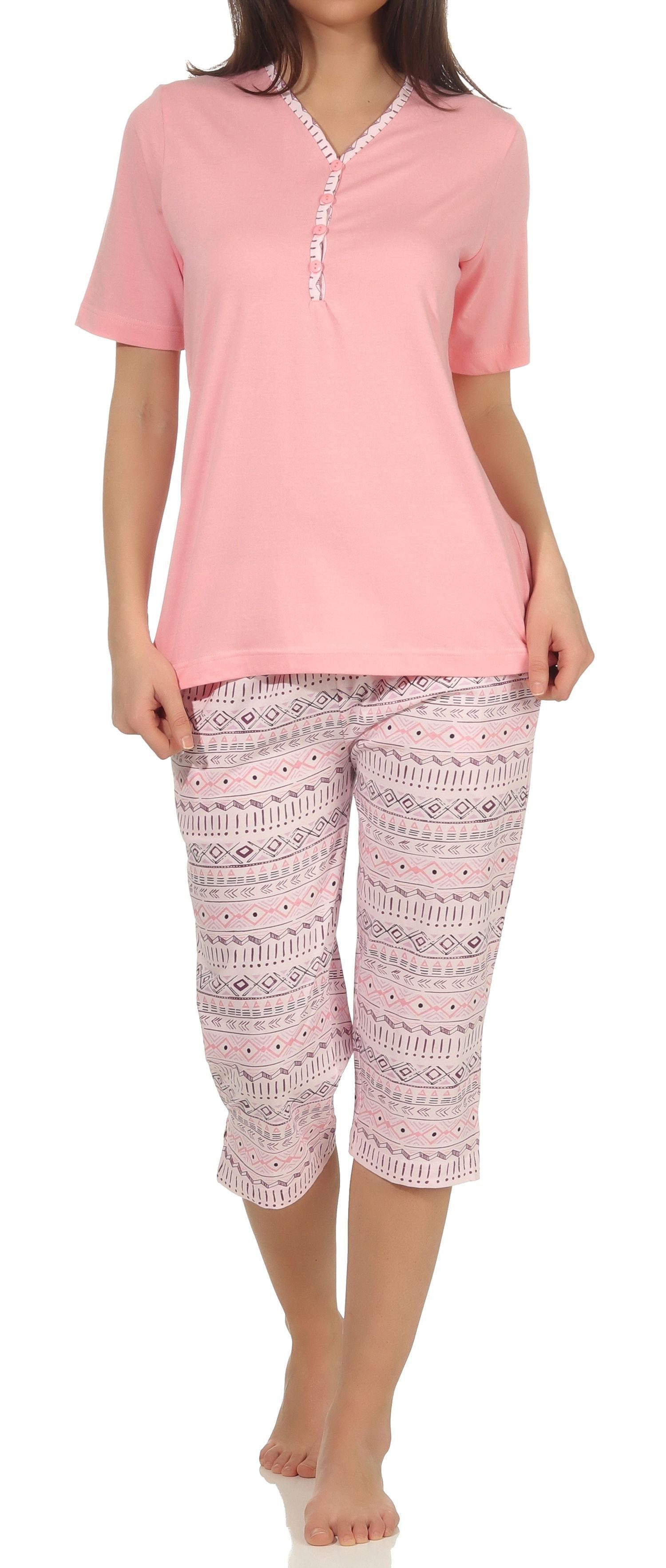 Pyjama Damen kurzarm Capri Schlafanzug im Ethnolook - auch in Übergrössen