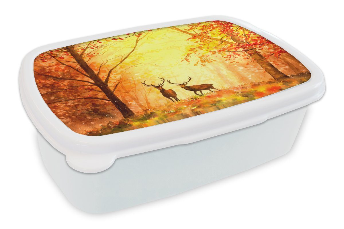 MuchoWow Lunchbox Natur - Ölfarbe - Hirsche - Tiere - Herbst - Orange, Kunststoff, (2-tlg), Brotbox für Kinder und Erwachsene, Brotdose, für Jungs und Mädchen weiß