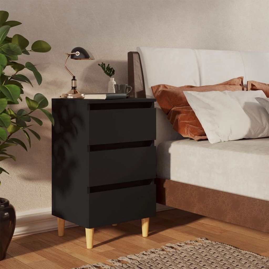 vidaXL Nachtkommode aus Spanplatte, massives Eukalyptusholz in Schwarz (B/H/T: 40x69x35 cm)
